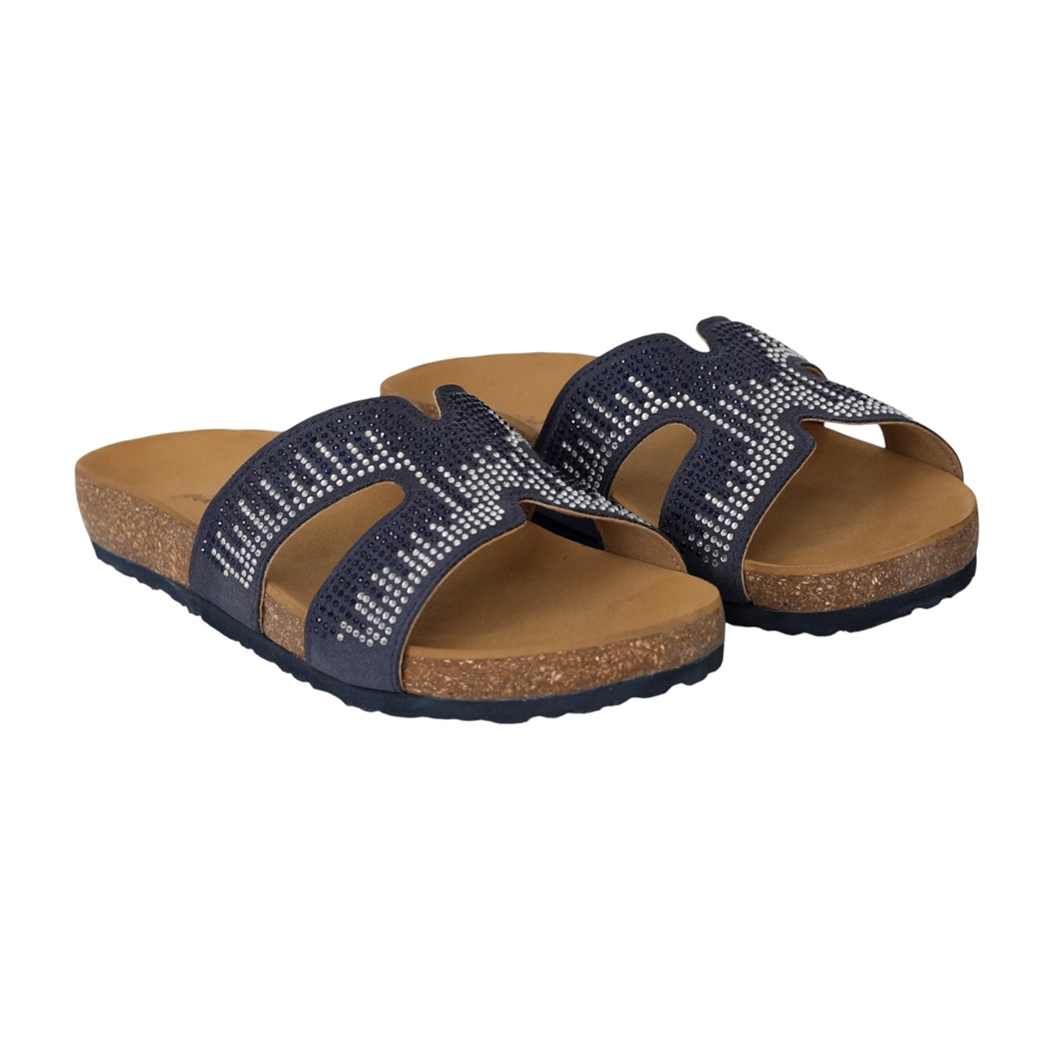 Women Navy Blue Studded Comfort Slides