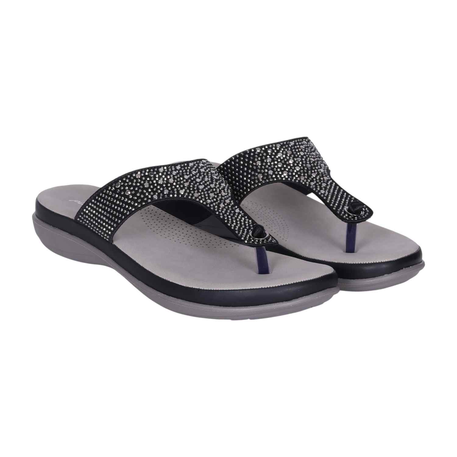 Women's Antique Black Rhinestone Thong Sandals with Wedge Heel