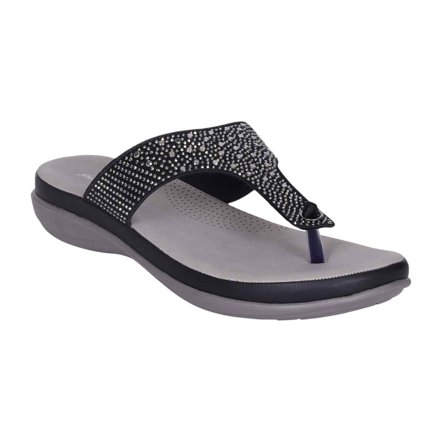 Women's Antique Black Rhinestone Thong Sandals with Wedge Heel