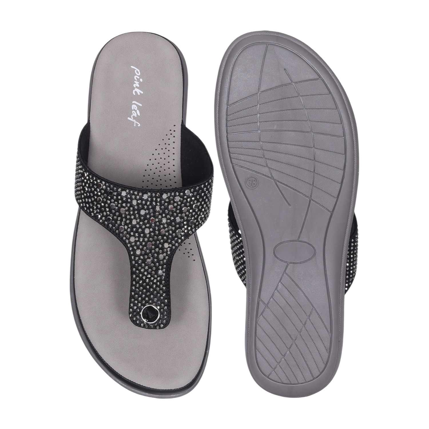 Women's Antique Black Rhinestone Thong Sandals with Wedge Heel