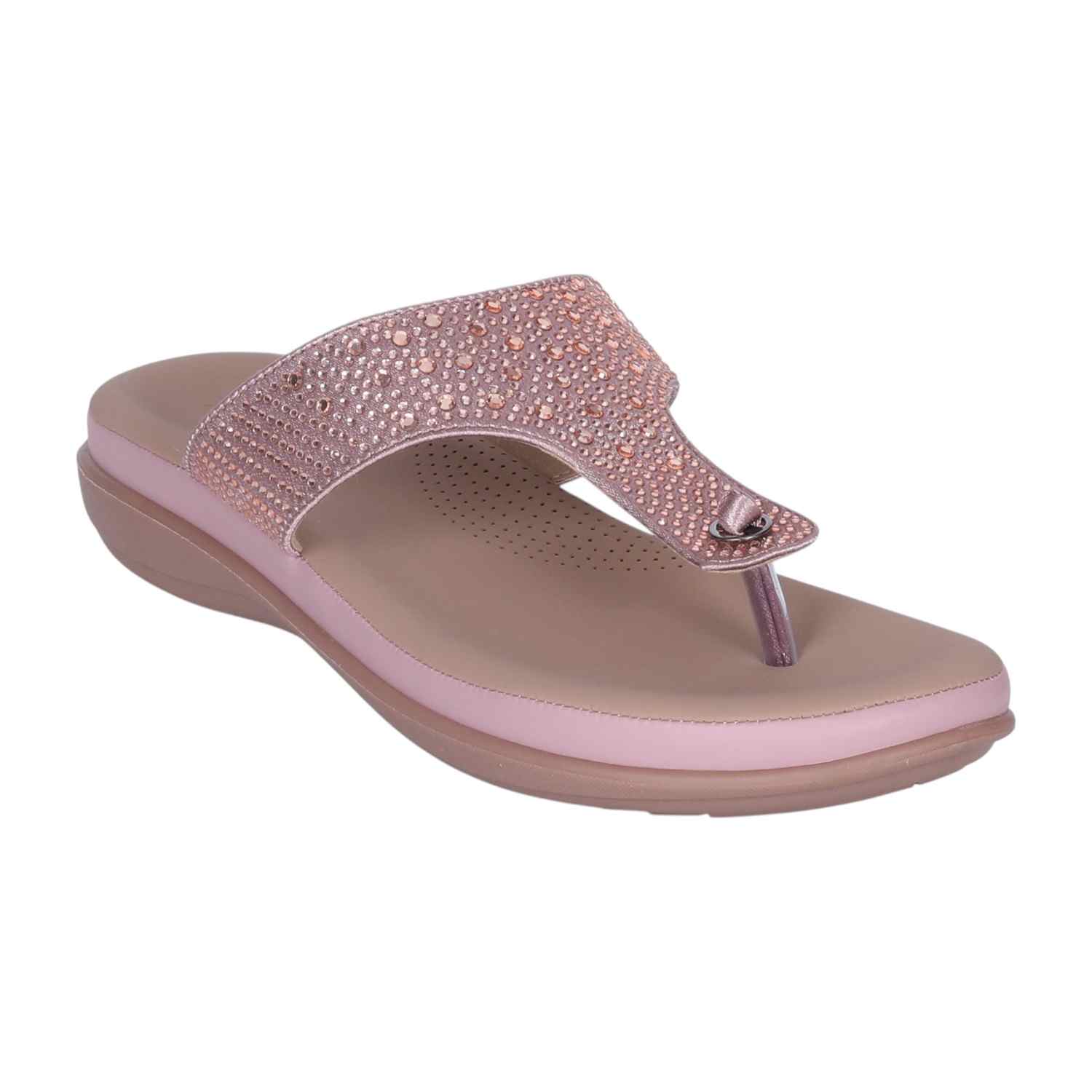 Women's Antique Peach Rhinestone Thong Sandals with Wedge Heel