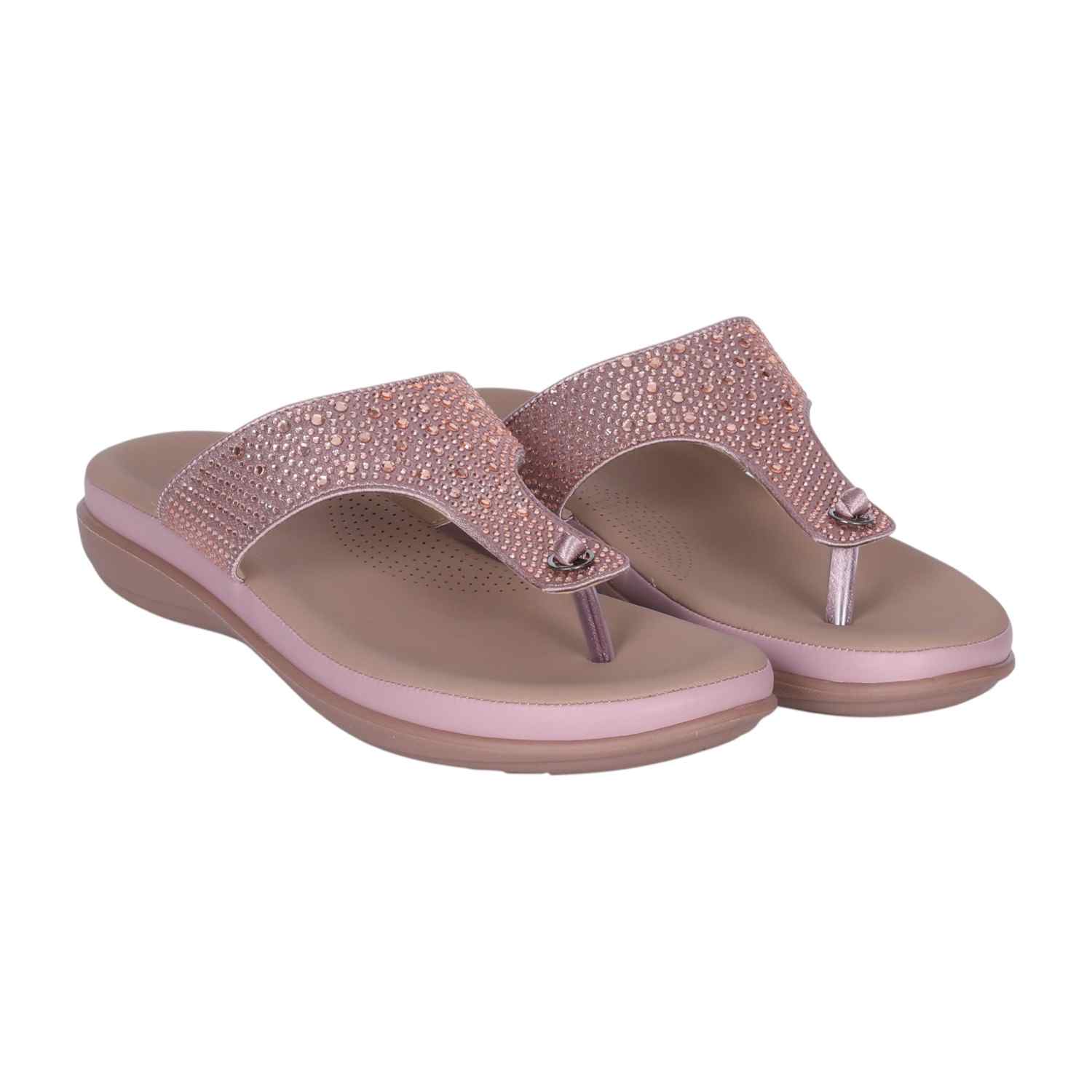 Women's Antique Peach Rhinestone Thong Sandals with Wedge Heel