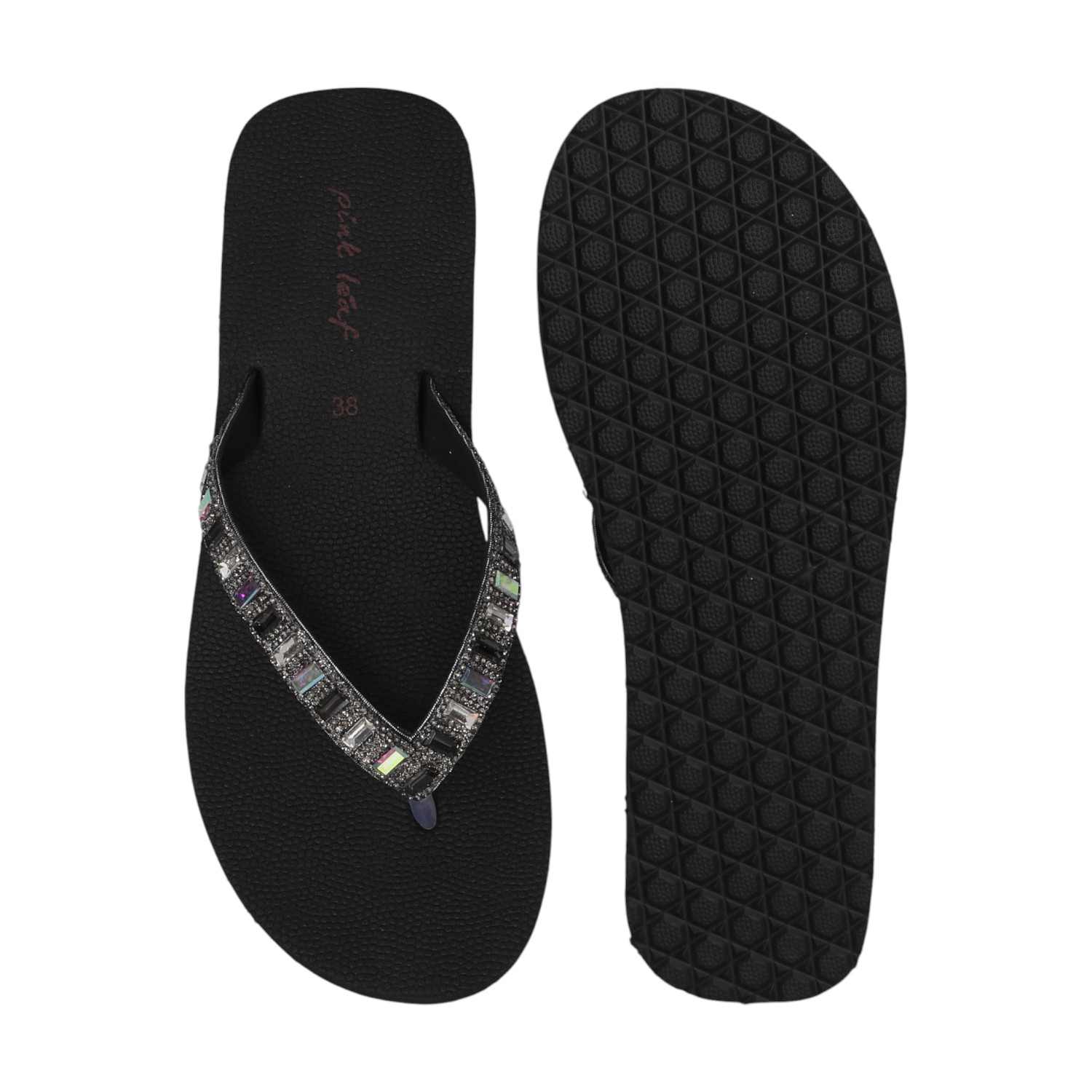 Black Coloured Embellished Thongs for Women