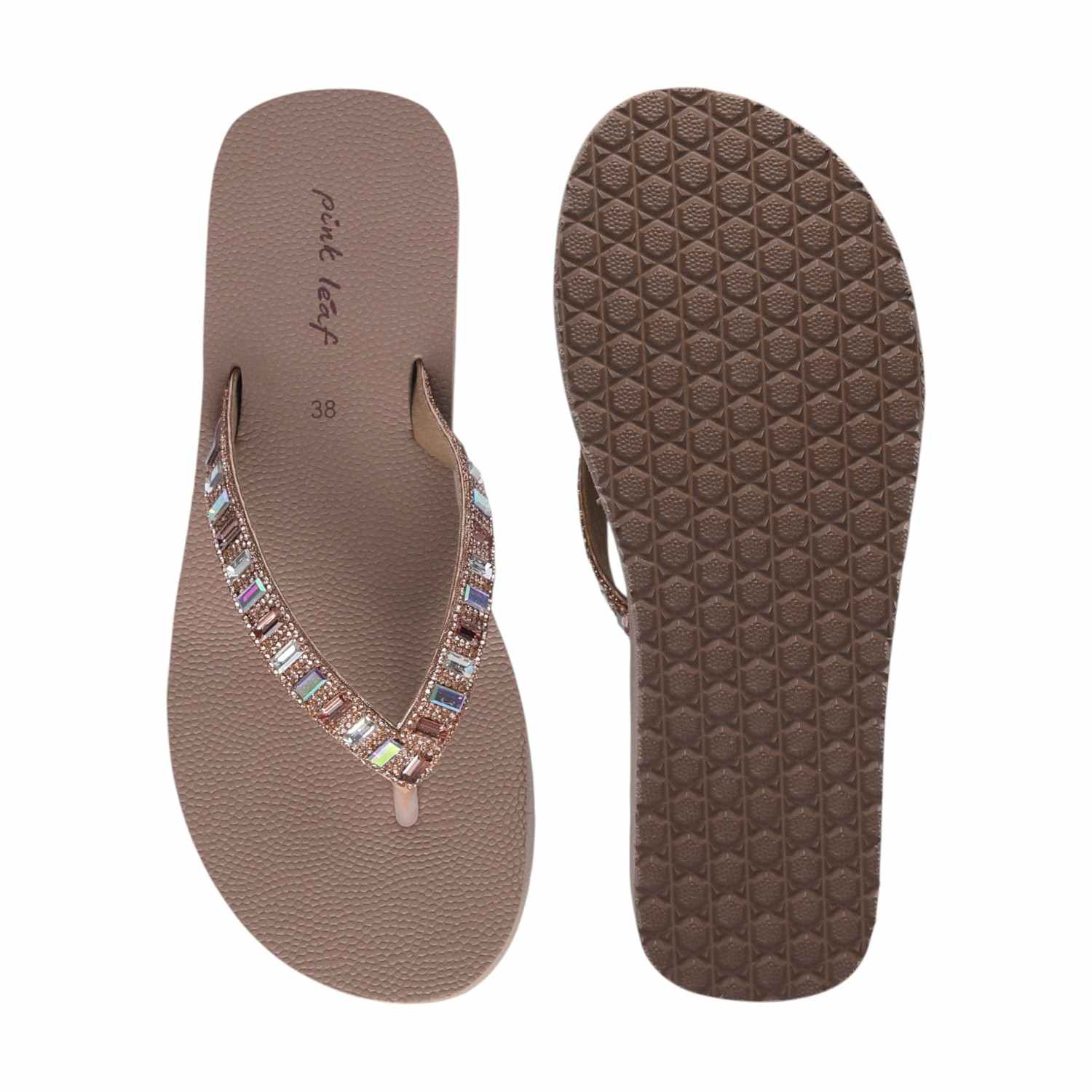 Rose Gold Coloured Embellished Thongs for Women