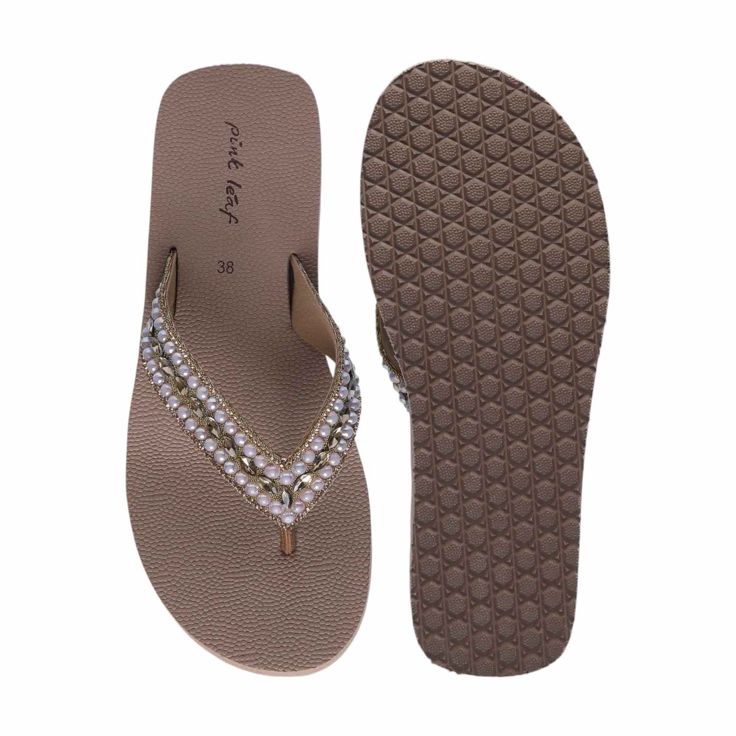 Brown Coloured Thongs with Pearl Embellishments for Women