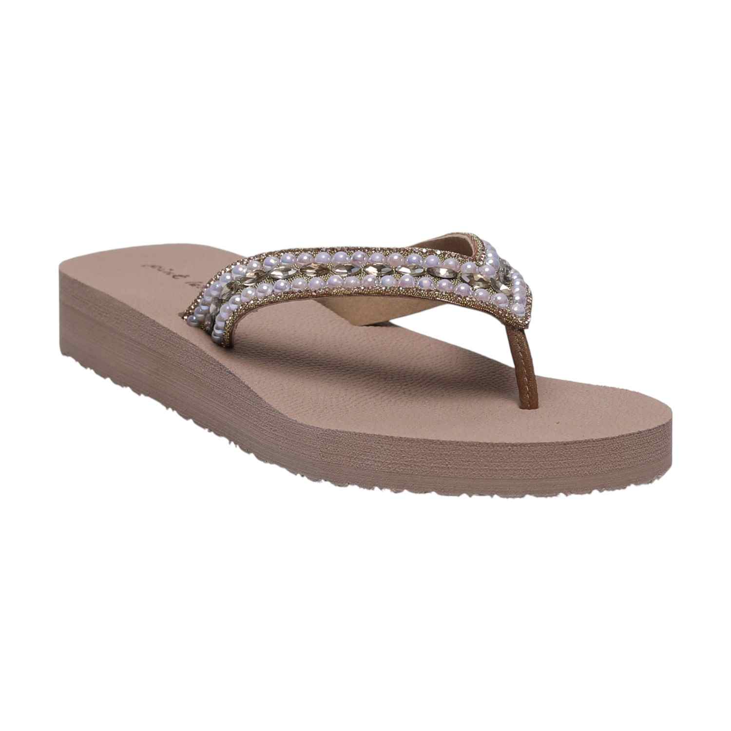Brown Coloured Thongs with Pearl Embellishments for Women