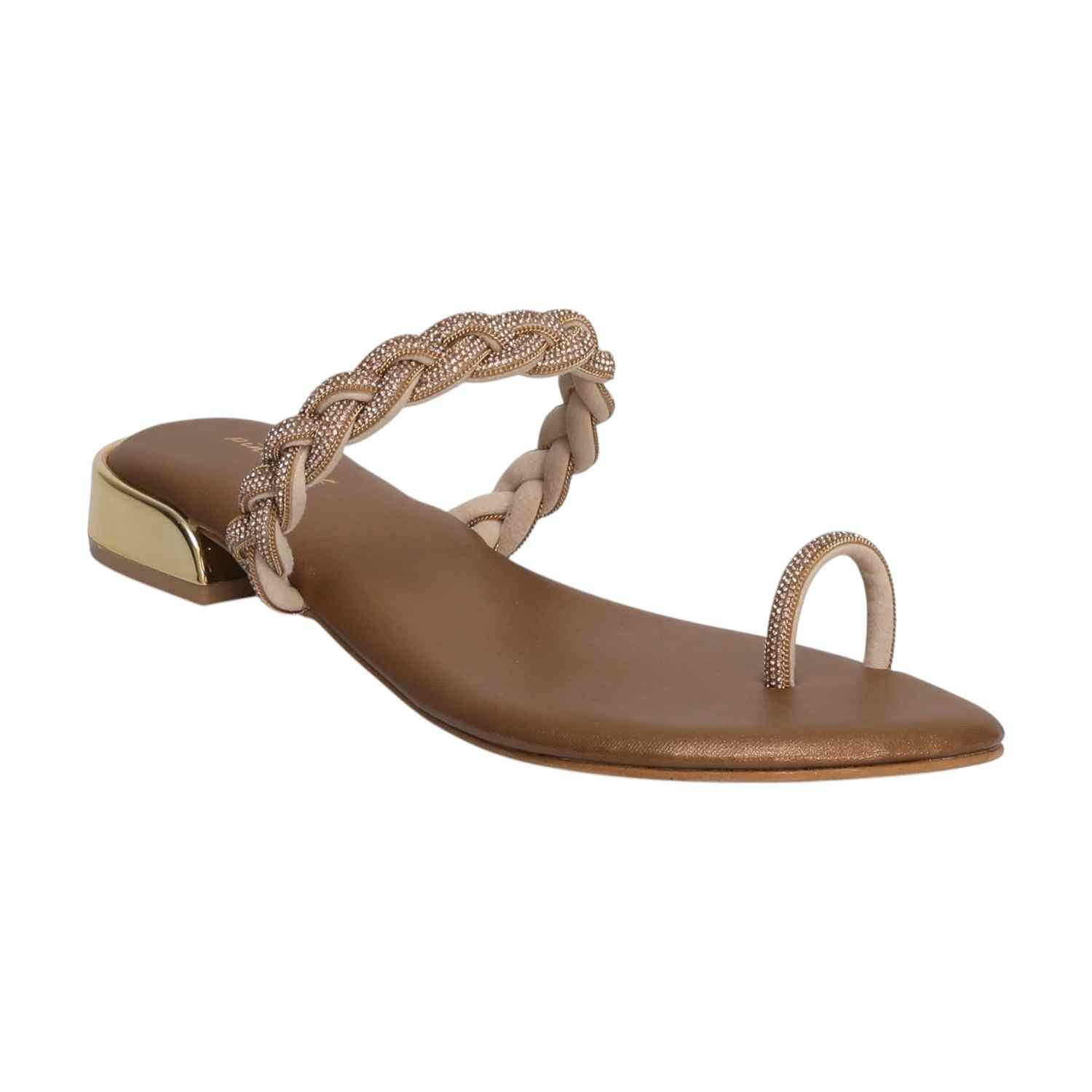 Elegant Bronze Braided Toe Ring Sandals with Gold Accent Heels -Women