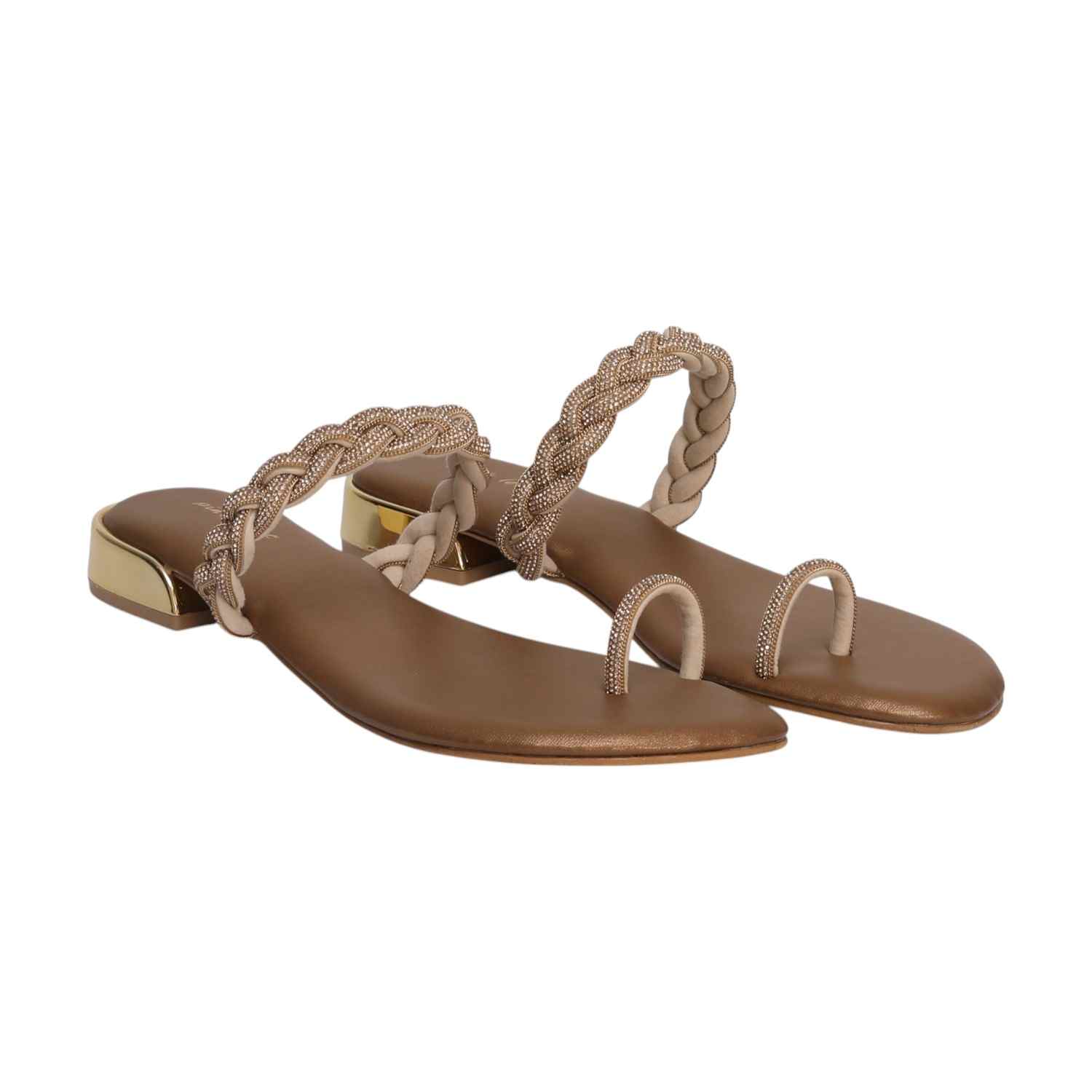 Elegant Bronze Braided Toe Ring Sandals with Gold Accent Heels -Women