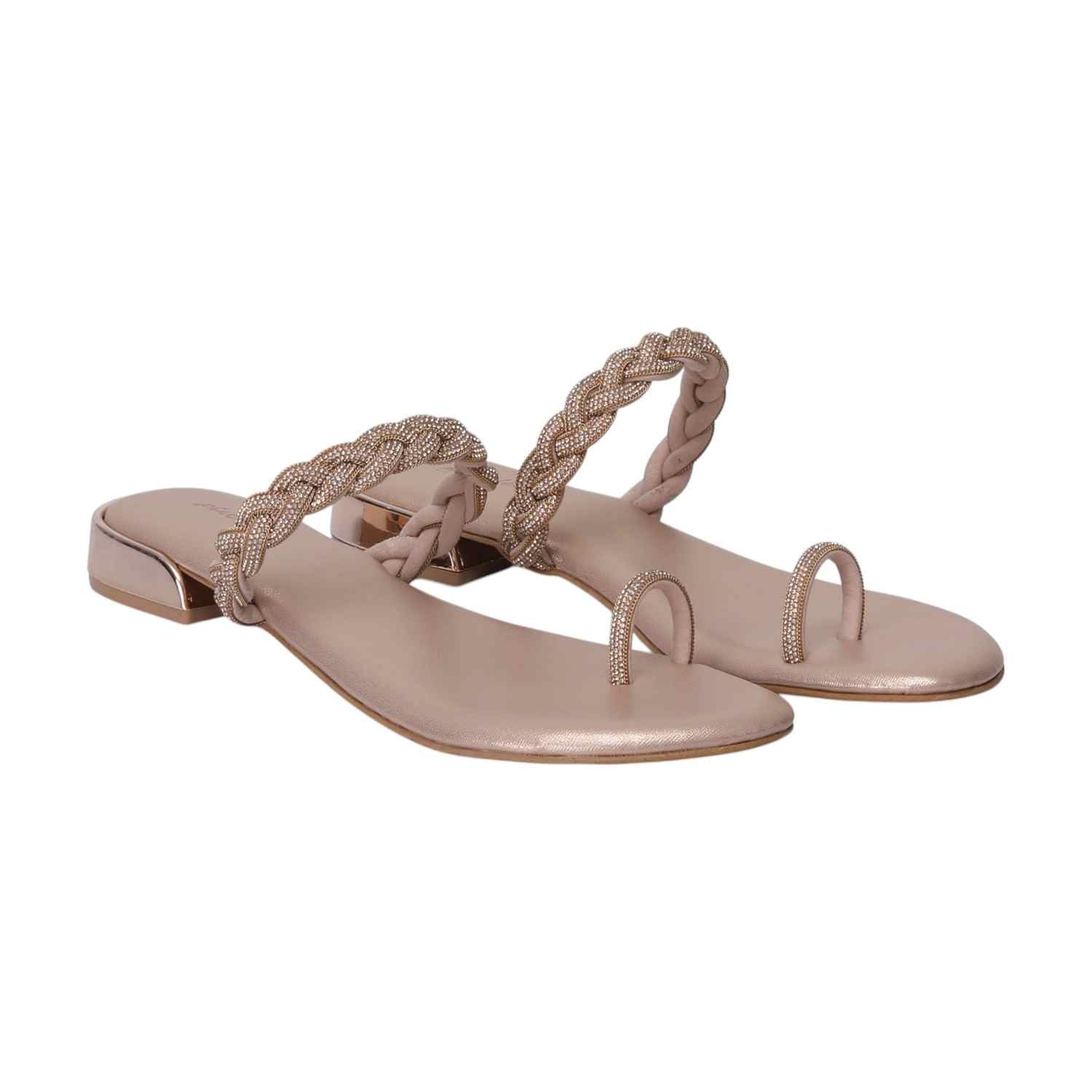 Elegant Peach Braided Toe Ring Sandals with Rose Gold Accent Heels - Women
