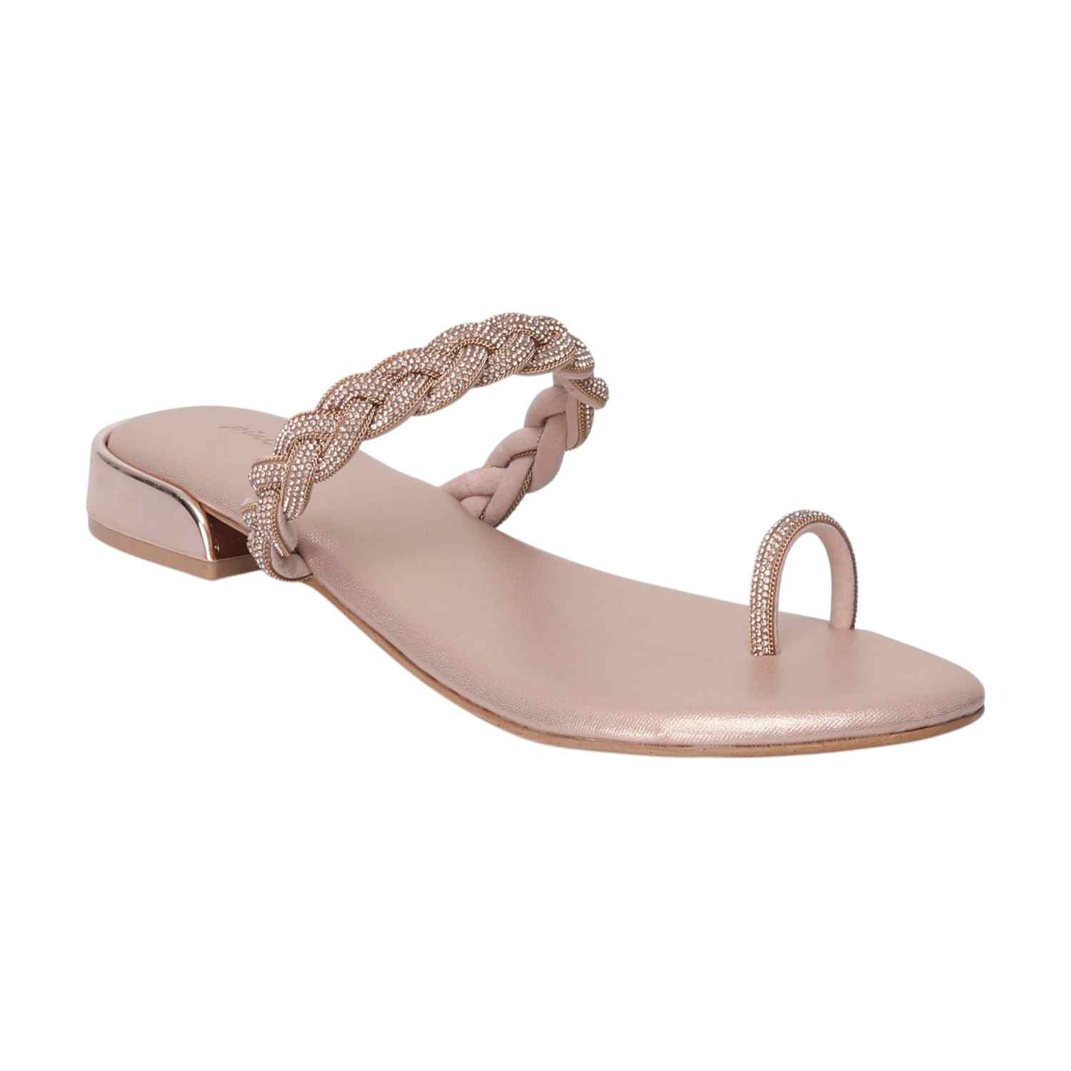 Elegant Peach Braided Toe Ring Sandals with Rose Gold Accent Heels - Women