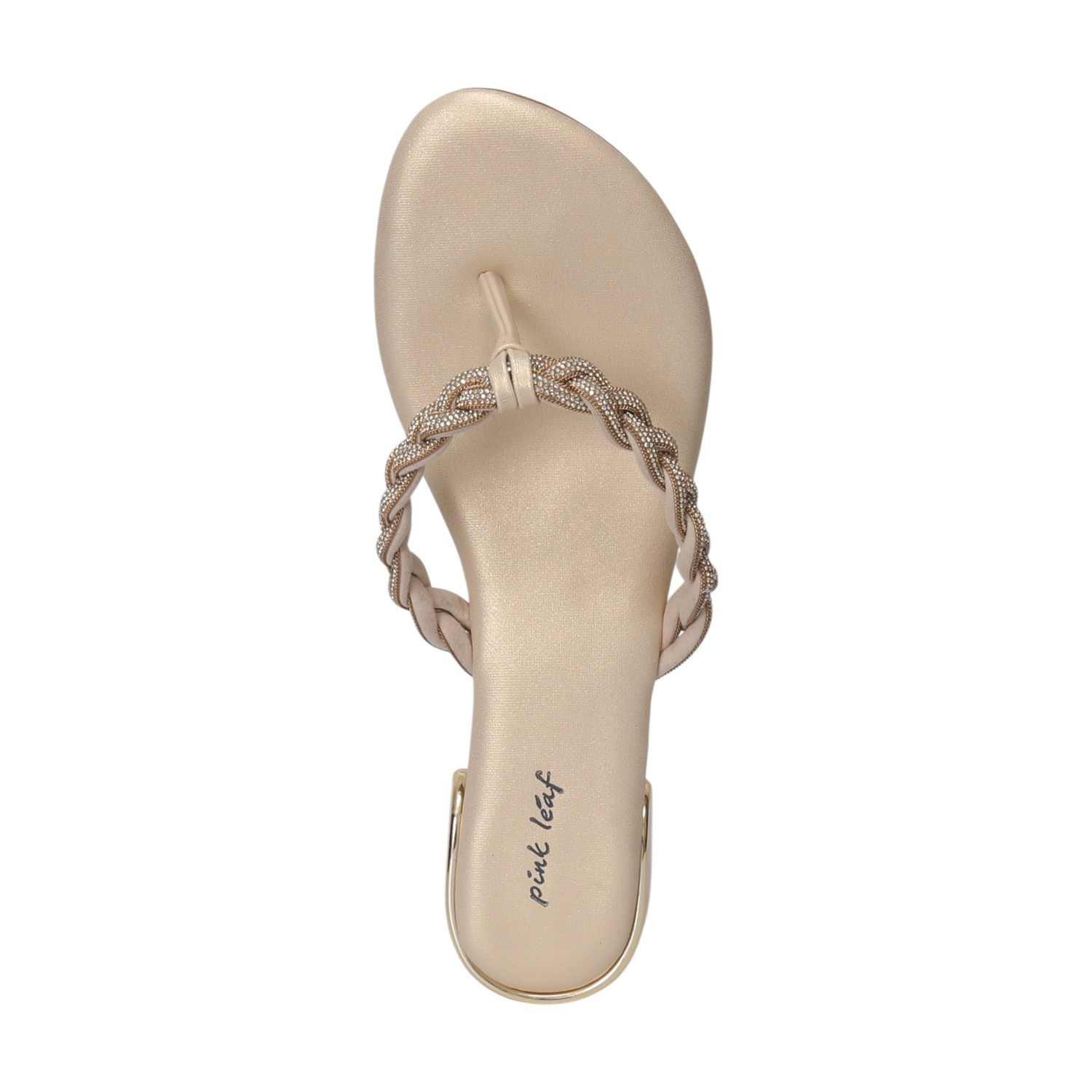 Women Beige Braided Thong Chappal with Gold Heel Detail