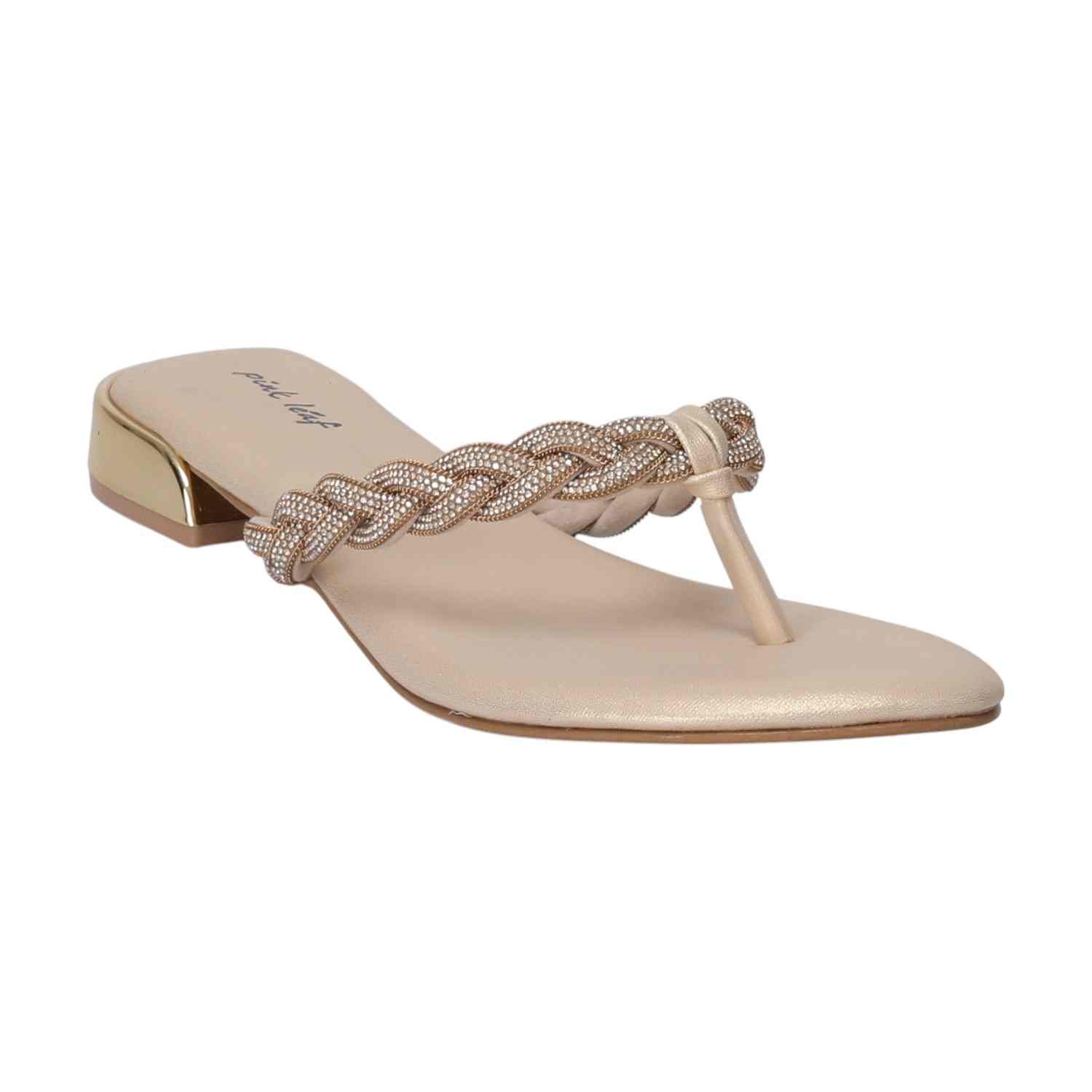 Women Beige Braided Thong Chappal with Gold Heel Detail