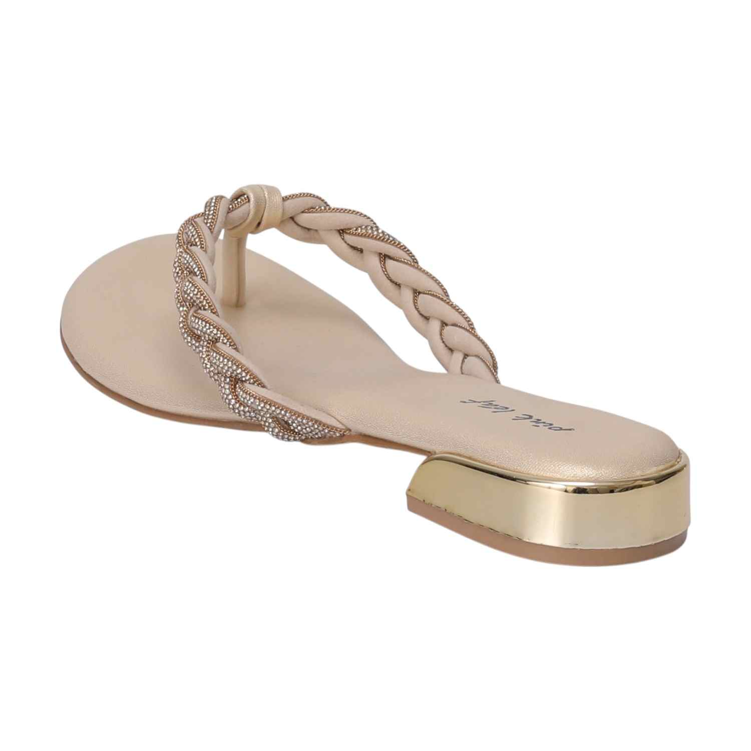 Women Beige Braided Thong Chappal with Gold Heel Detail