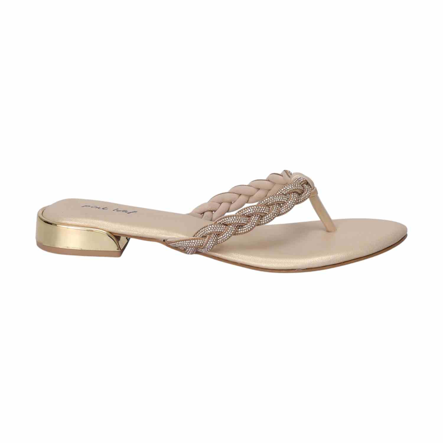 Women Beige Braided Thong Chappal with Gold Heel Detail