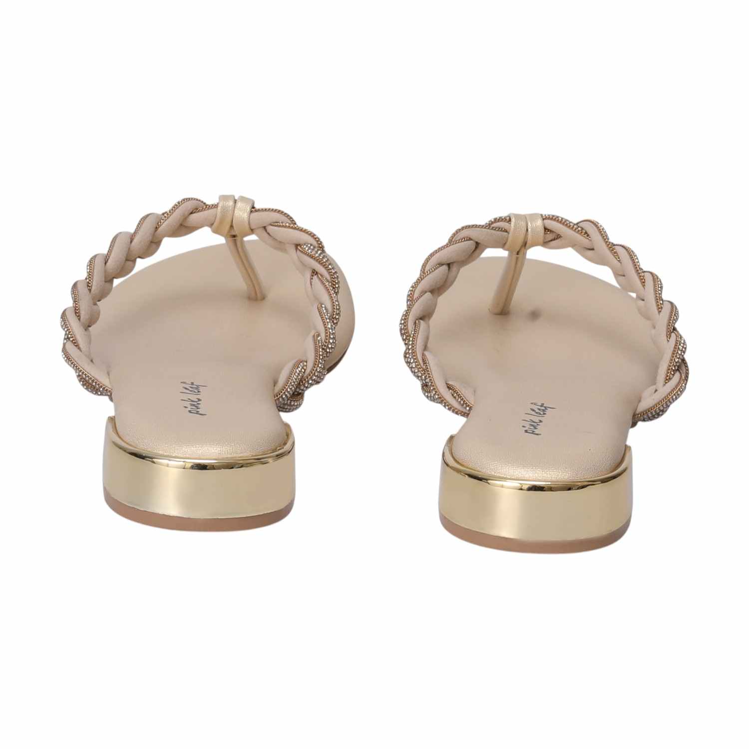 Women Beige Braided Thong Chappal with Gold Heel Detail