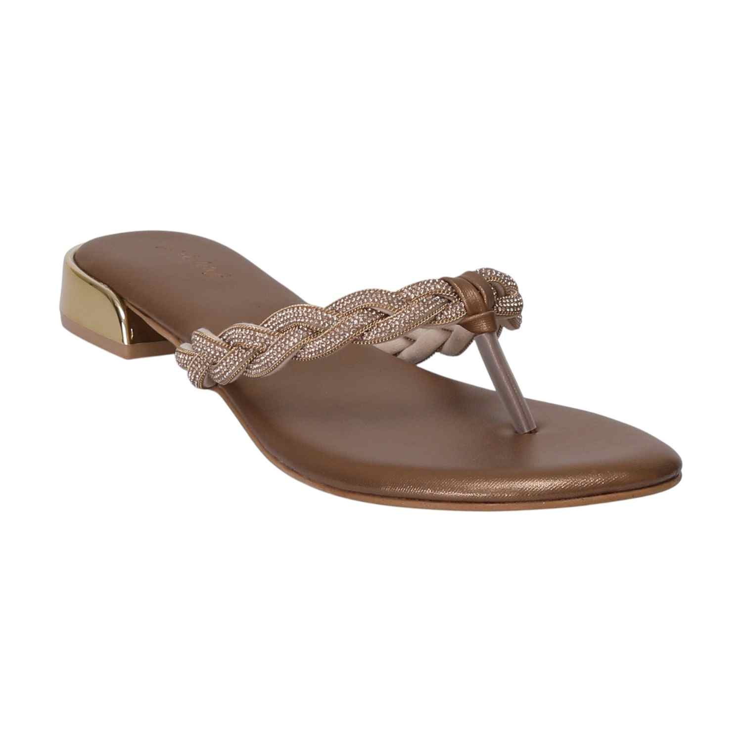 Women Bronze Braided Thong Chappal with Gold Heel Detail