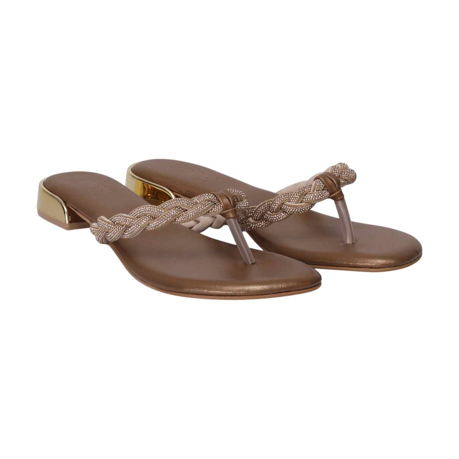 Women Bronze Braided Thong Chappal with Gold Heel Detail