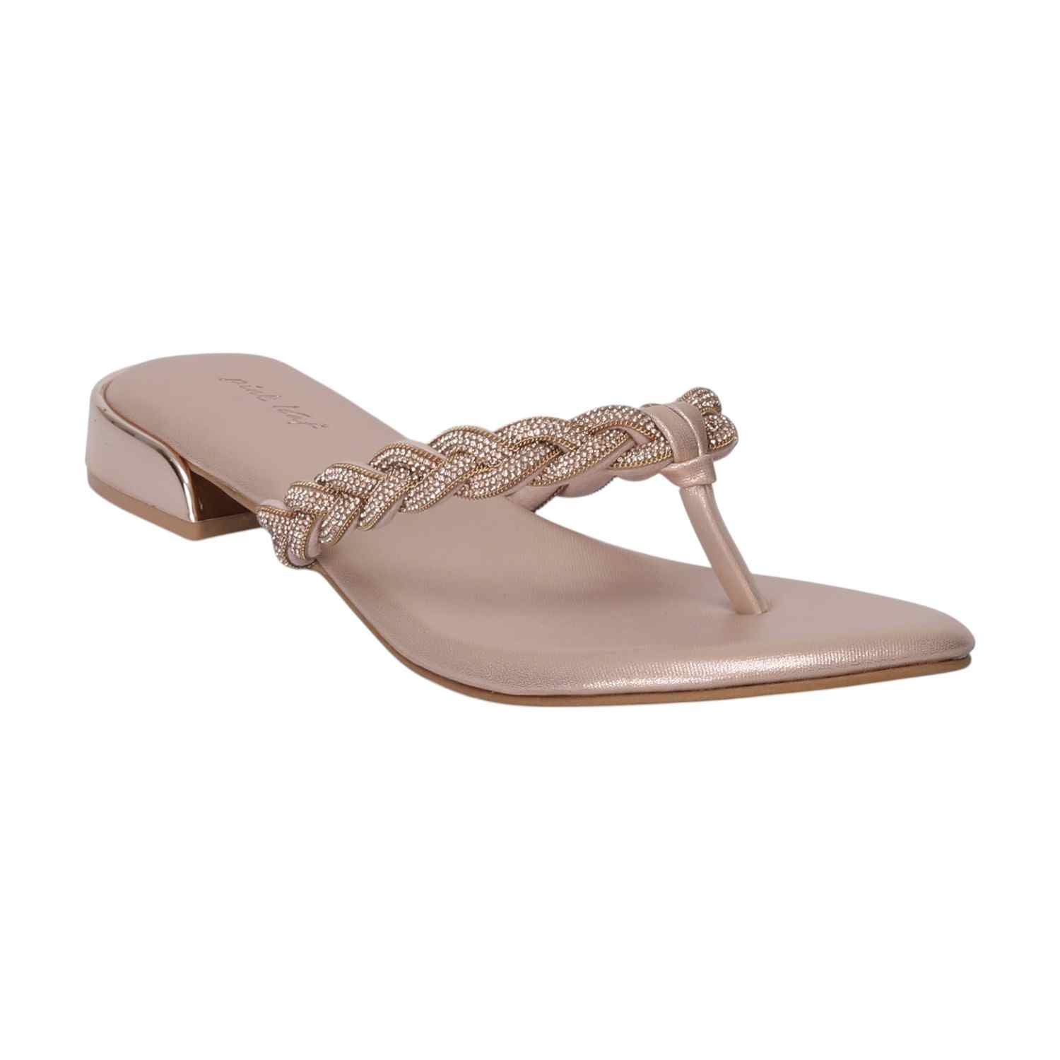 Women Peach Braided Thong Chappal with Gold Heel Detail