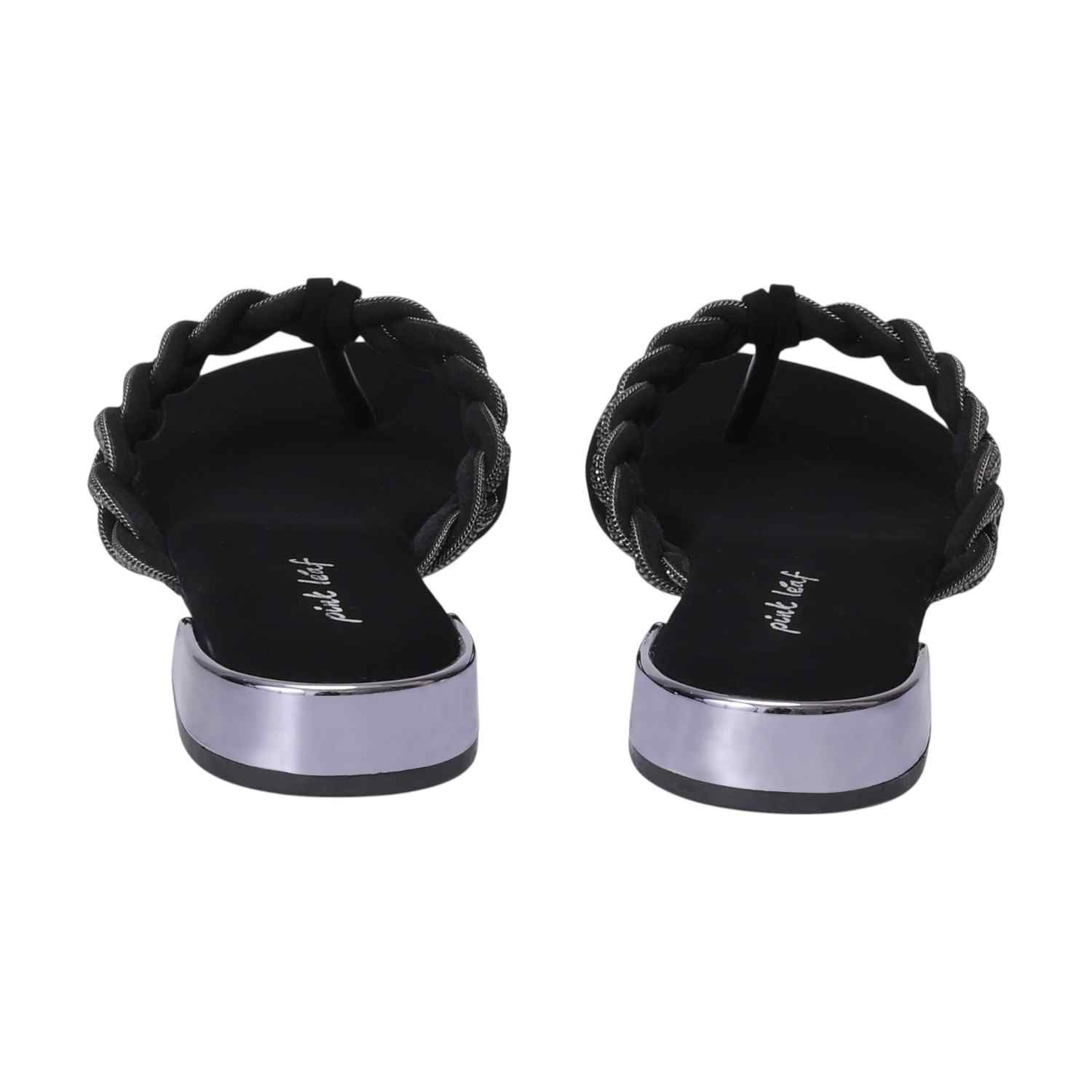 Women Black Braided Thong Chappal with Gold Heel Detail