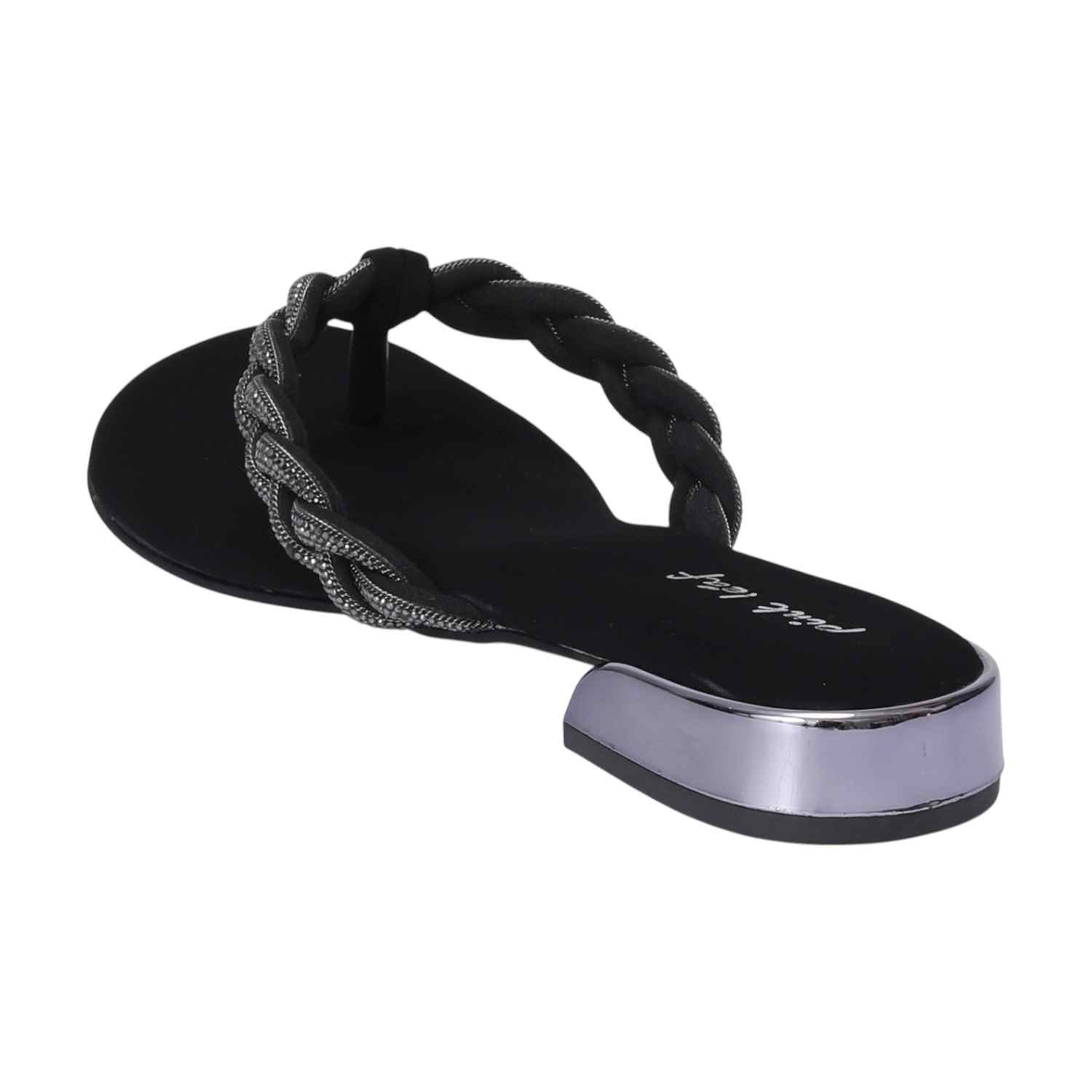 Women Black Braided Thong Chappal with Gold Heel Detail
