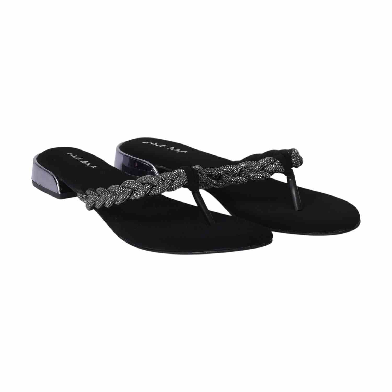Women Black Braided Thong Chappal with Gold Heel Detail