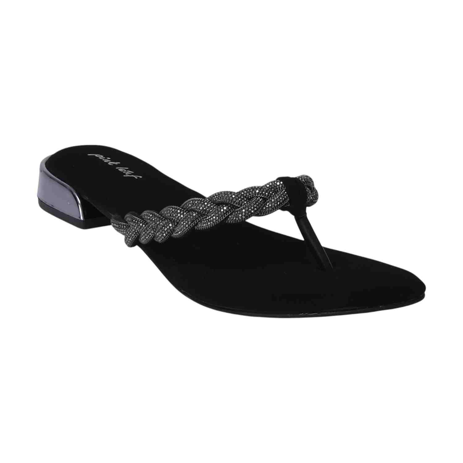 Women Black Braided Thong Chappal with Gold Heel Detail