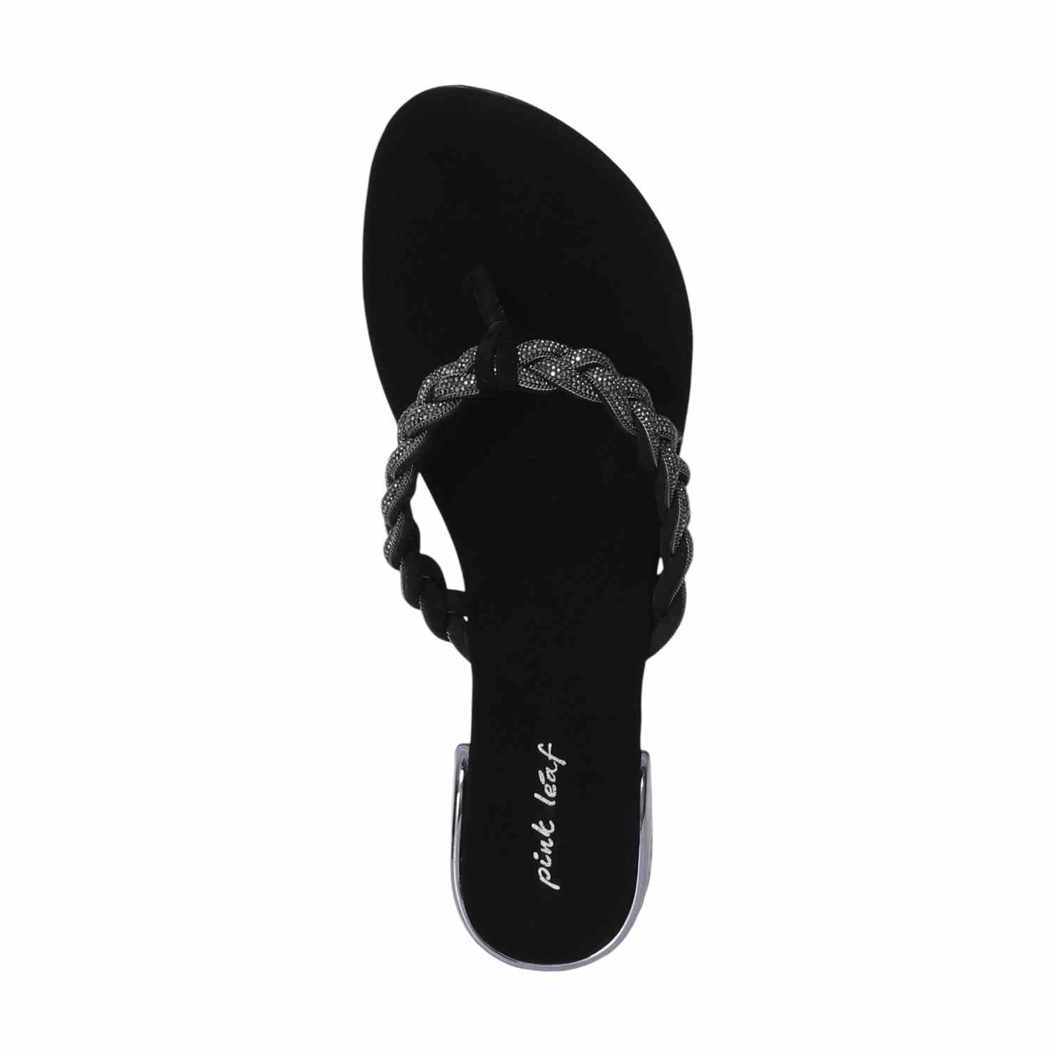 Women Black Braided Thong Chappal with Gold Heel Detail