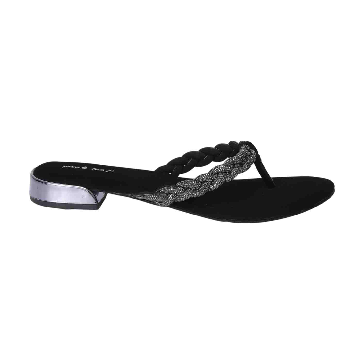 Women Black Braided Thong Chappal with Gold Heel Detail