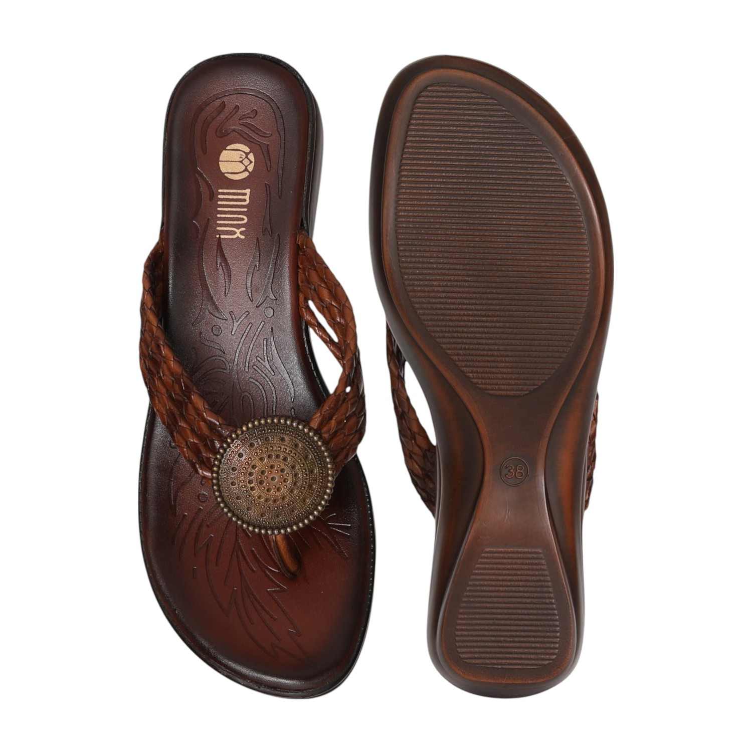 Women’s Brown Braided Wedge Sandals with Embellished Detail