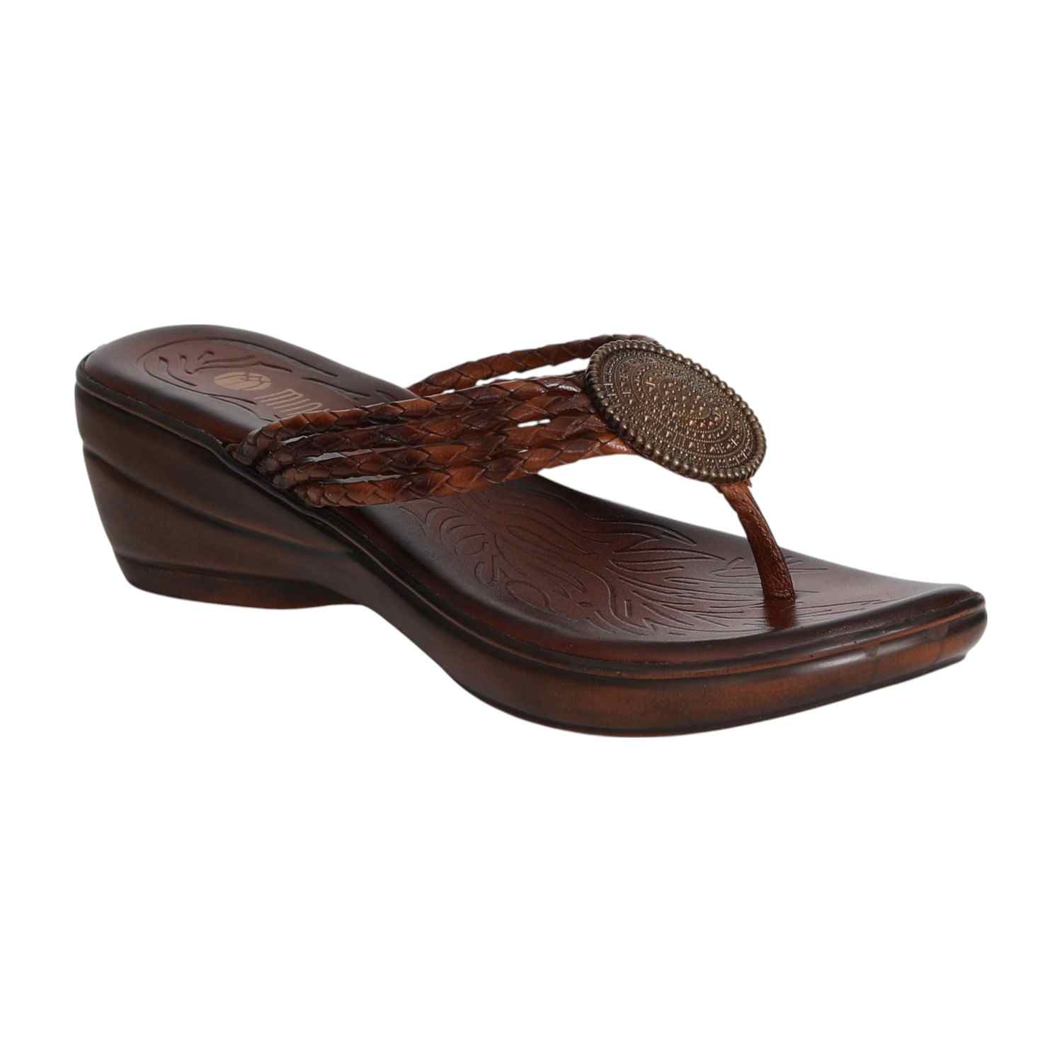 Women’s Brown Braided Wedge Sandals with Embellished Detail
