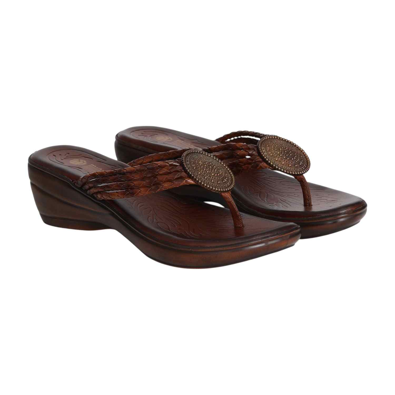 Women’s Brown Braided Wedge Sandals with Embellished Detail
