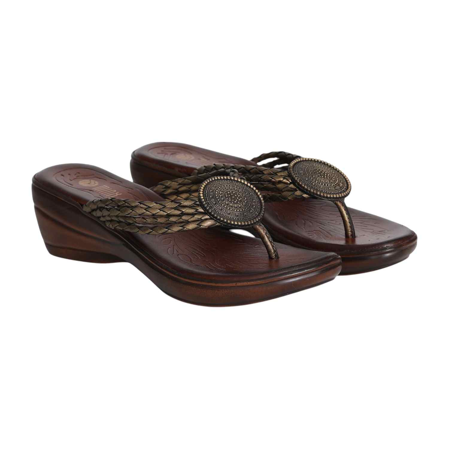 Women’s Bronze Braided Wedge Sandals with Embellished Detail