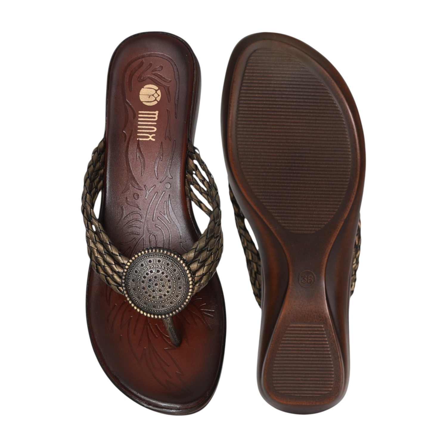 Women’s Bronze Braided Wedge Sandals with Embellished Detail