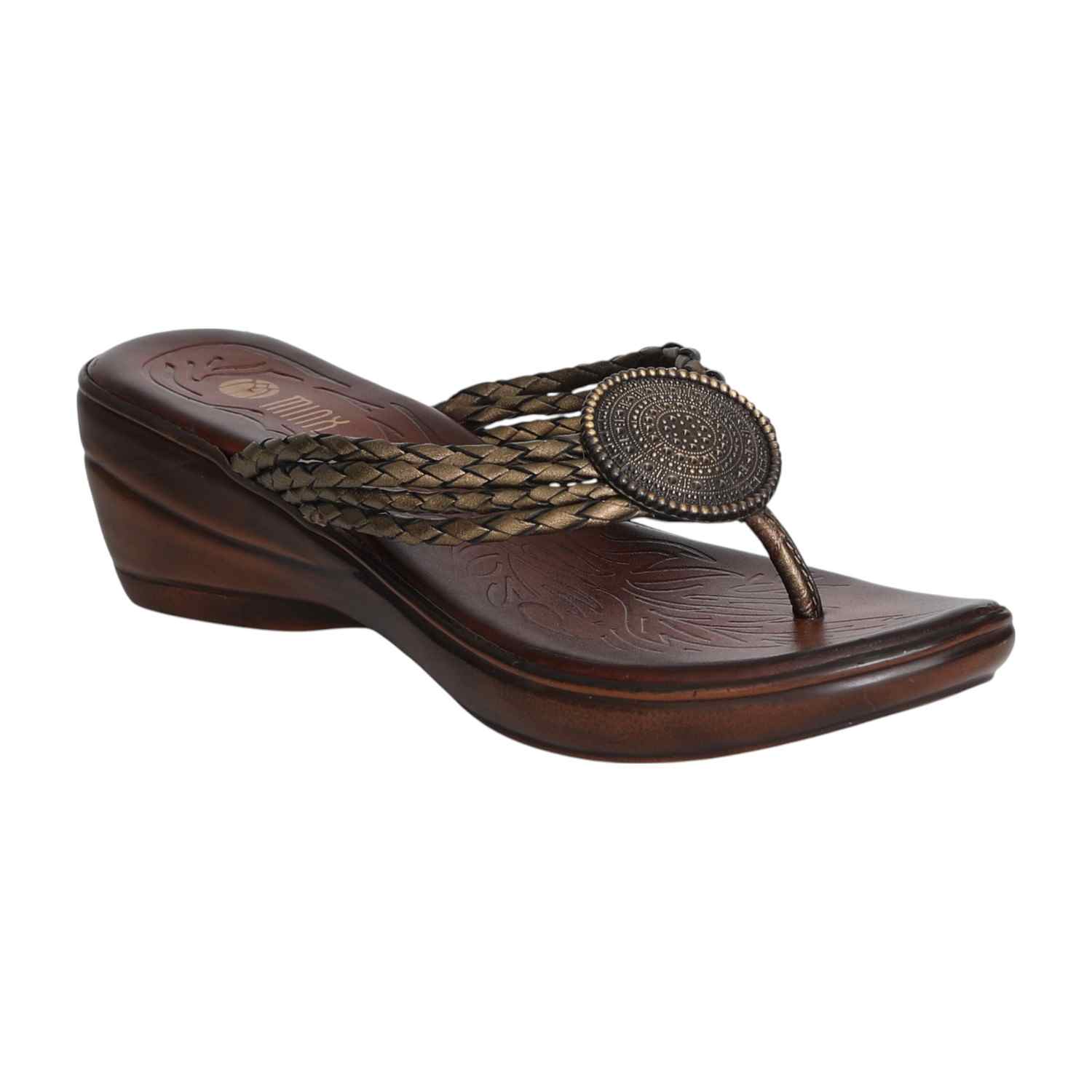 Women’s Bronze Braided Wedge Sandals with Embellished Detail