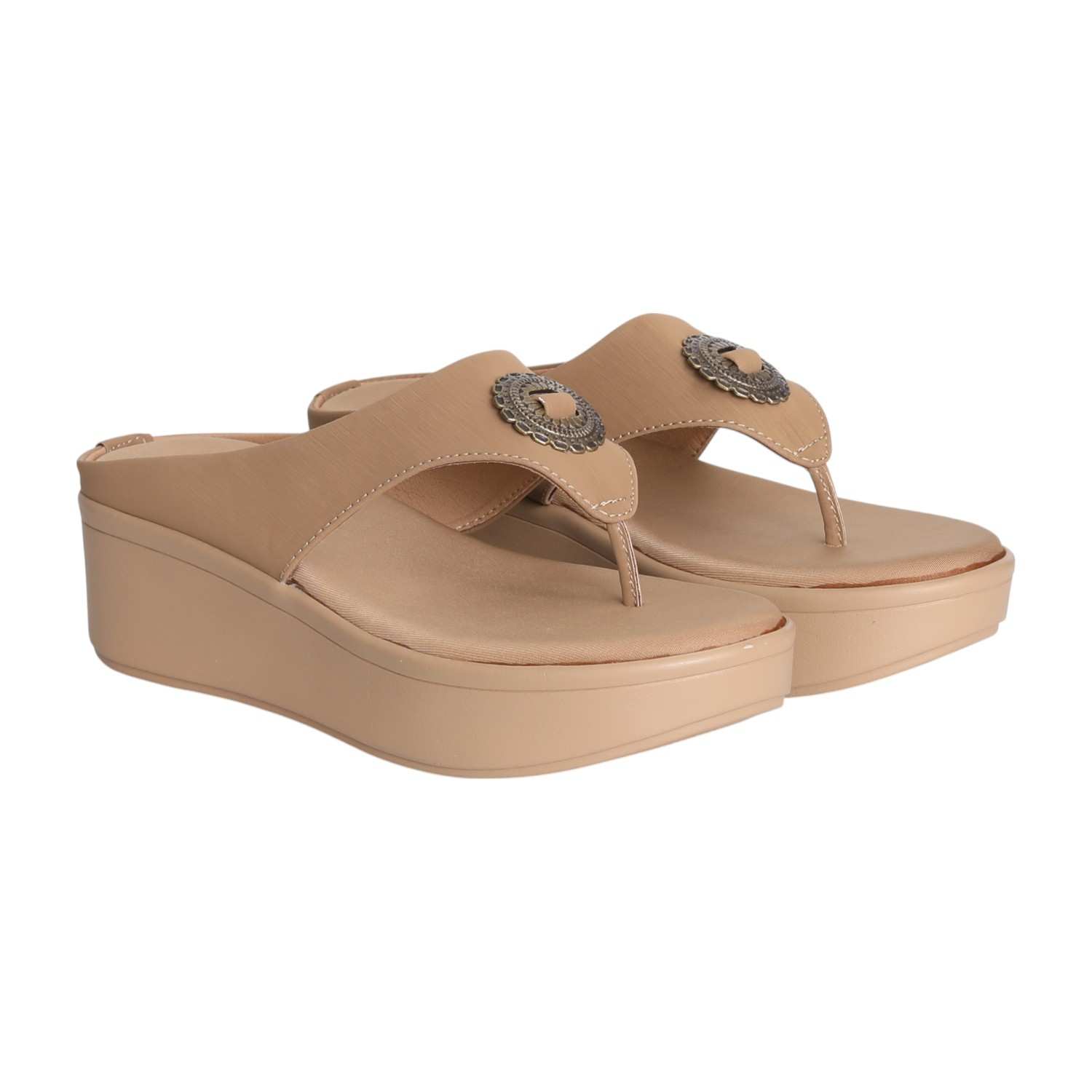 Women Tan Glow Medallion Platform Wedges