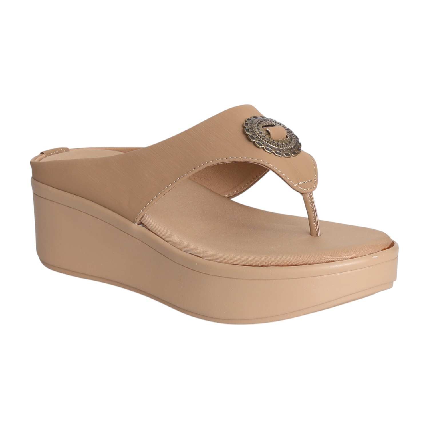 Women Tan Glow Medallion Platform Wedges