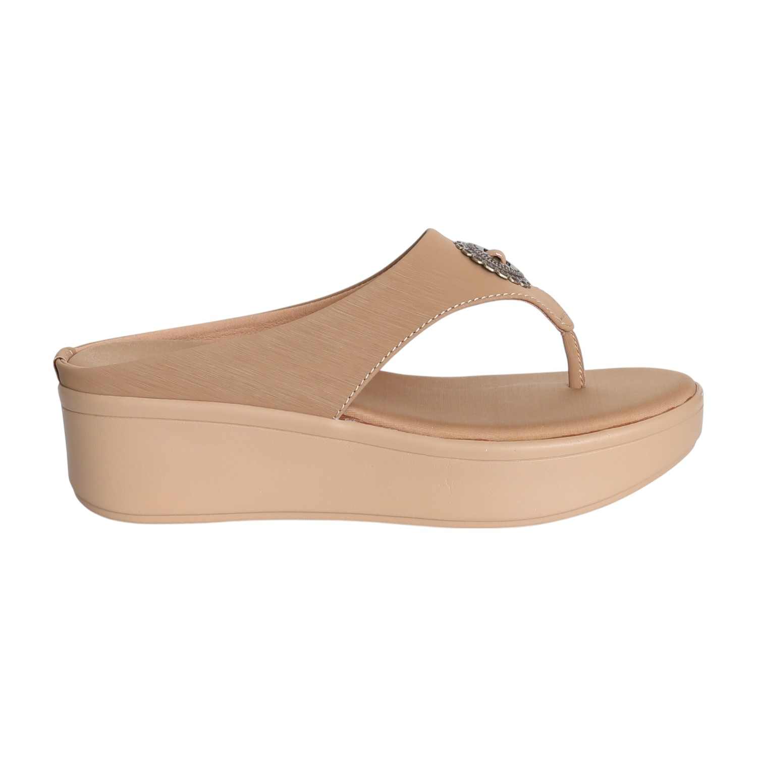 Women Tan Glow Medallion Platform Wedges