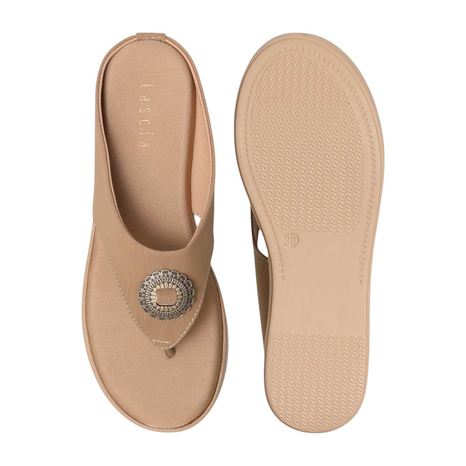 Women Tan Glow Medallion Platform Wedges