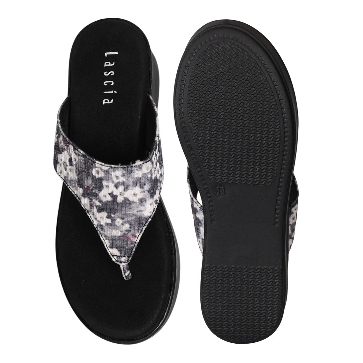 Women Black Floral Lift Platform Sandals