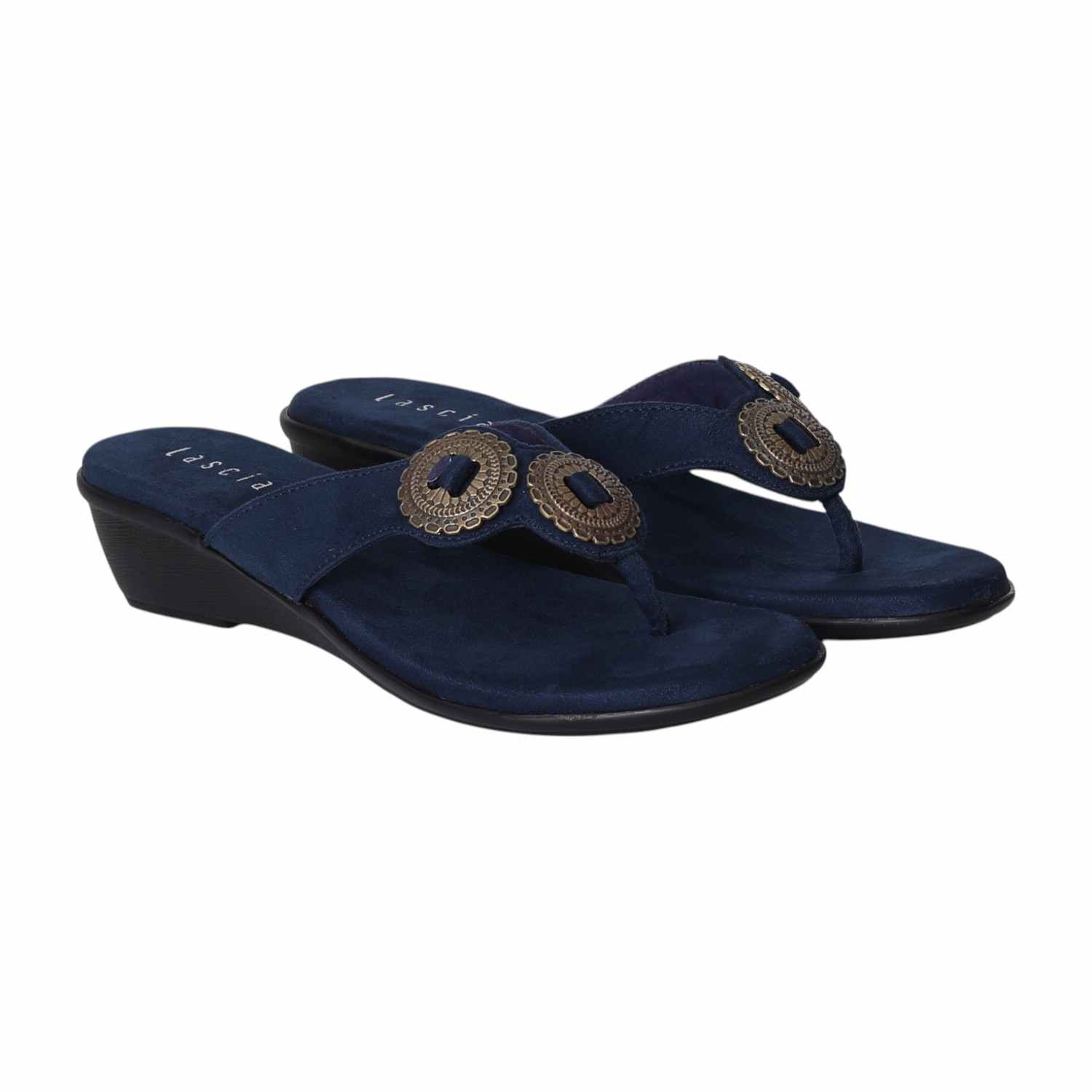 Women Blue Thong Wedges  with Metallic Emballishment