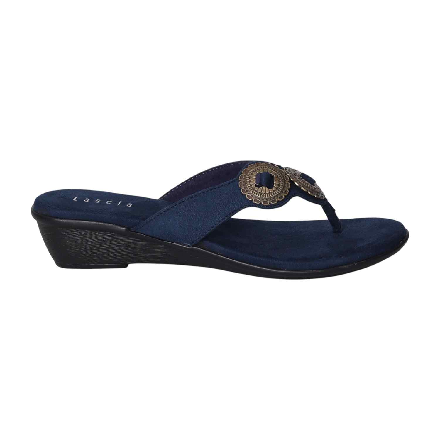 Women Blue Thong Wedges  with Metallic Emballishment