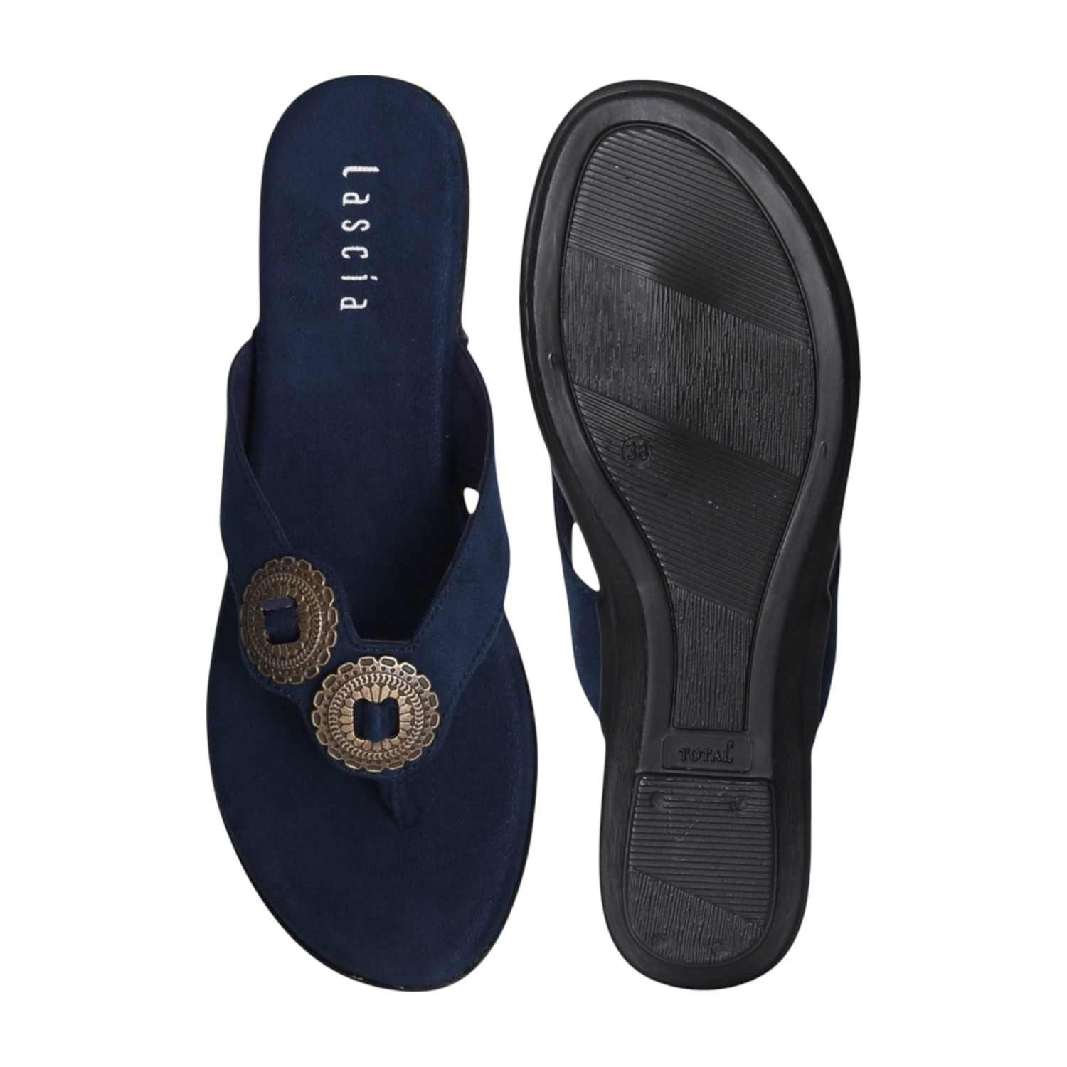 Women Blue Thong Wedges  with Metallic Emballishment