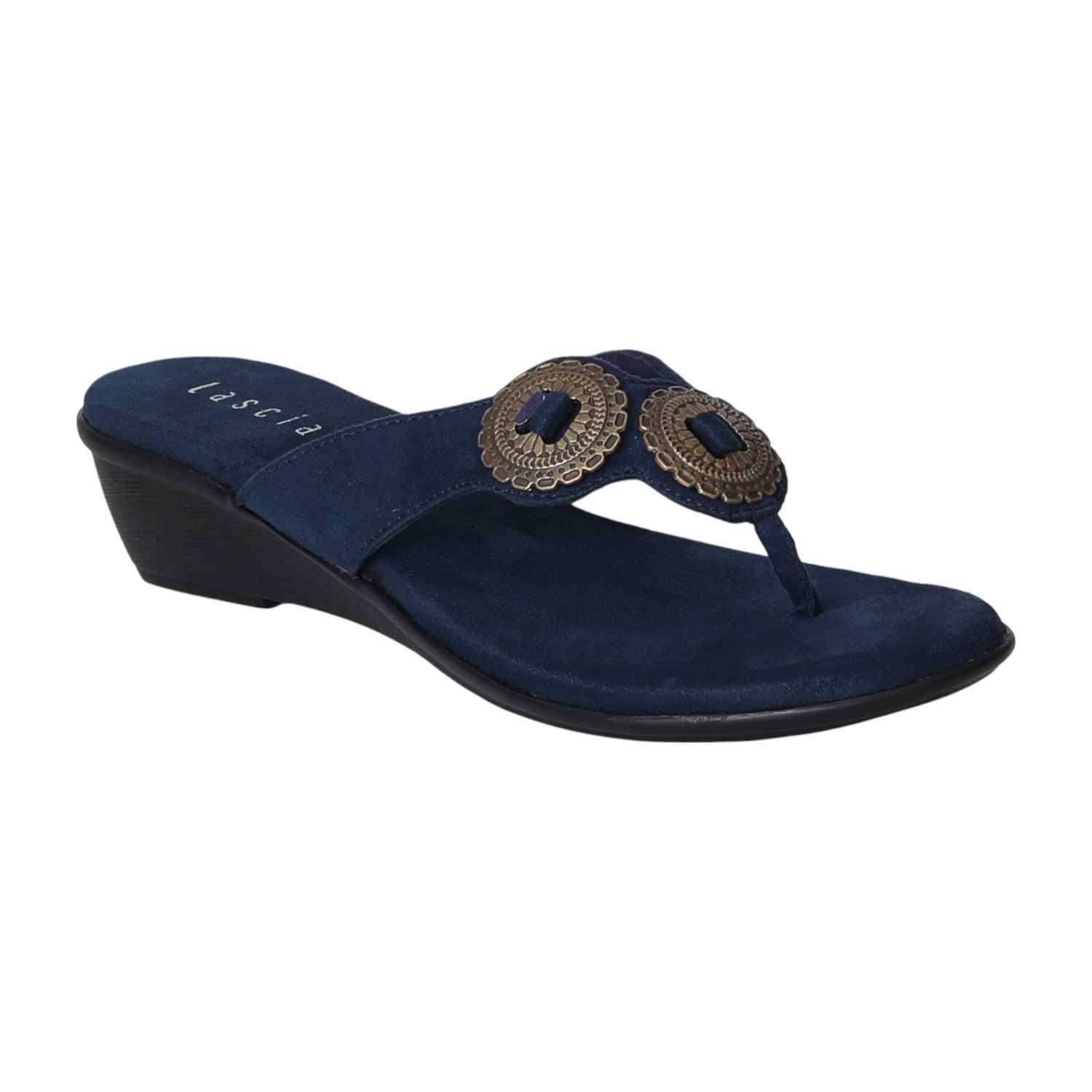 Women Blue Thong Wedges  with Metallic Emballishment