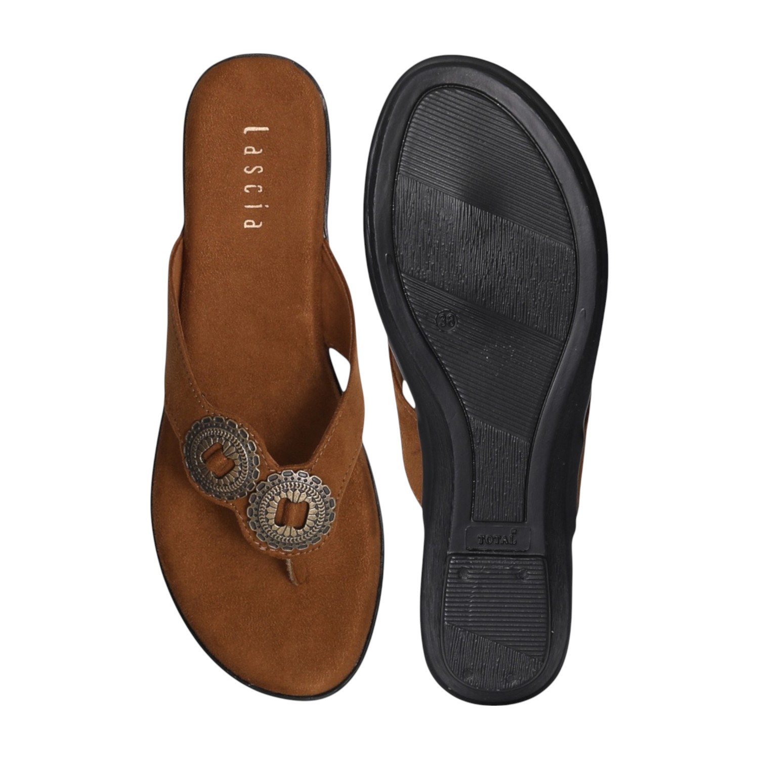Women Bronze Thong Wedges  with Metallic Emballishment