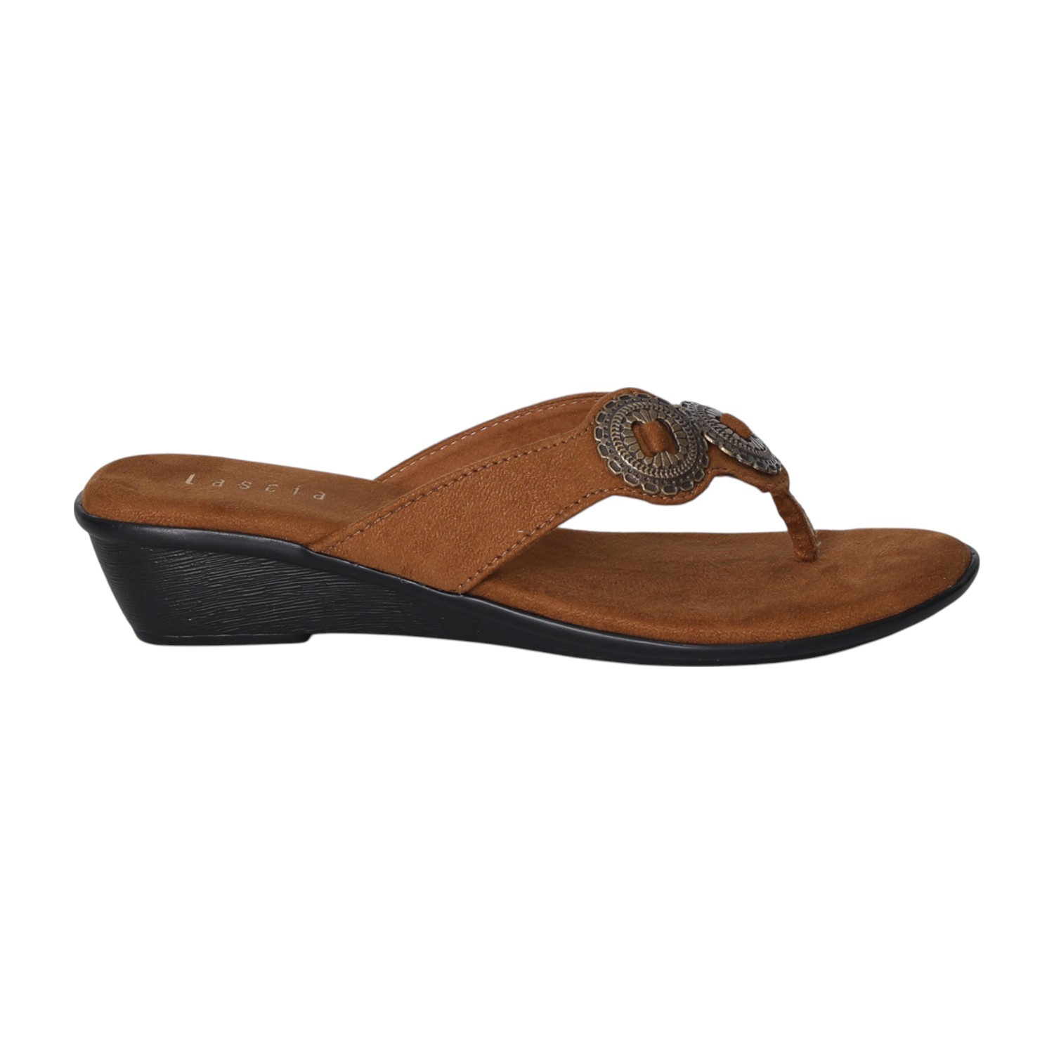 Women Bronze Thong Wedges  with Metallic Emballishment