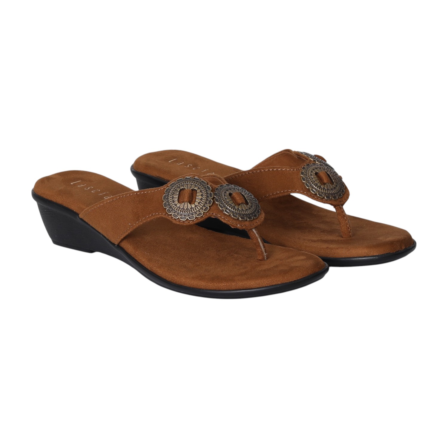 Women Bronze Thong Wedges  with Metallic Emballishment