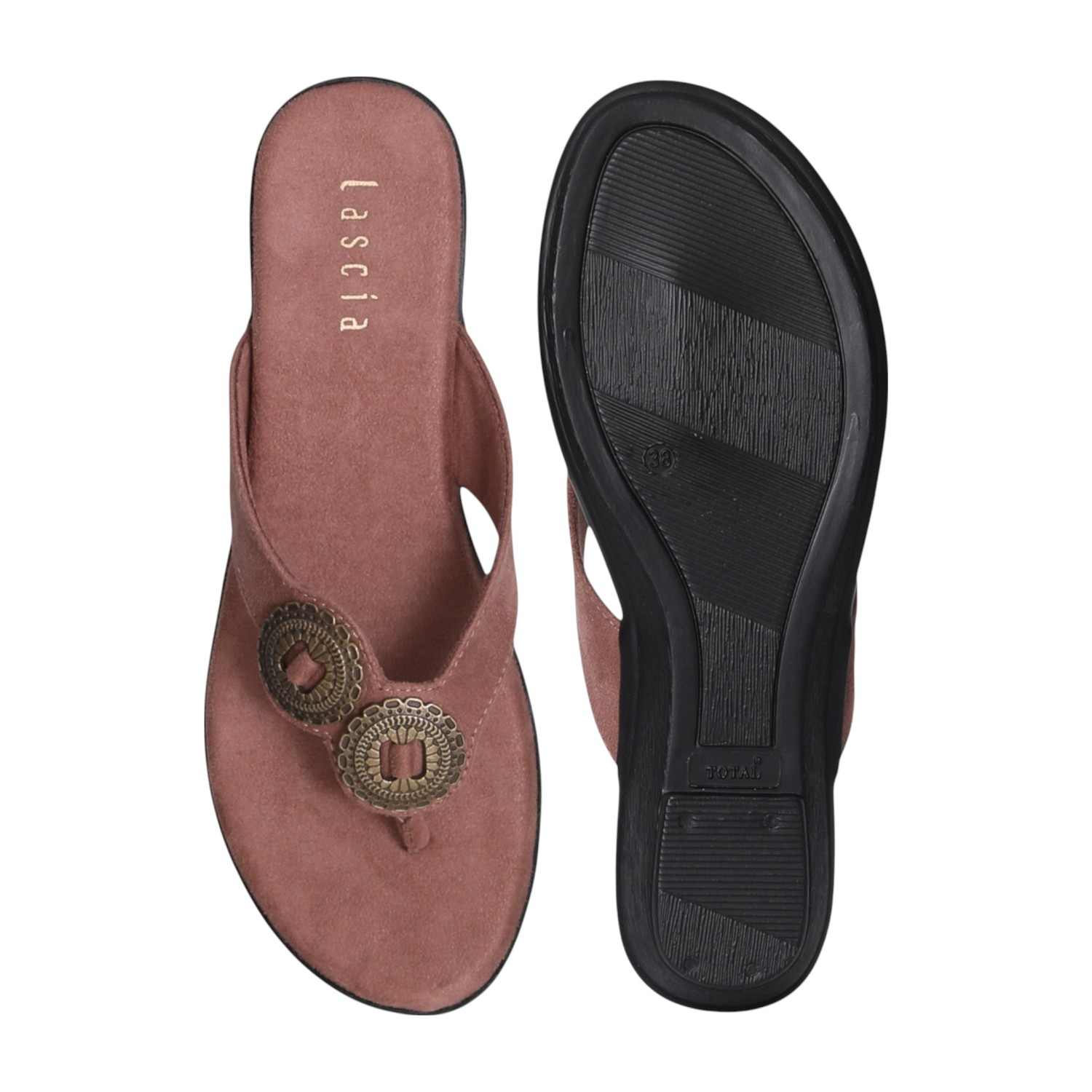 Women Peach Thong Wedges  with Metallic Emballishment
