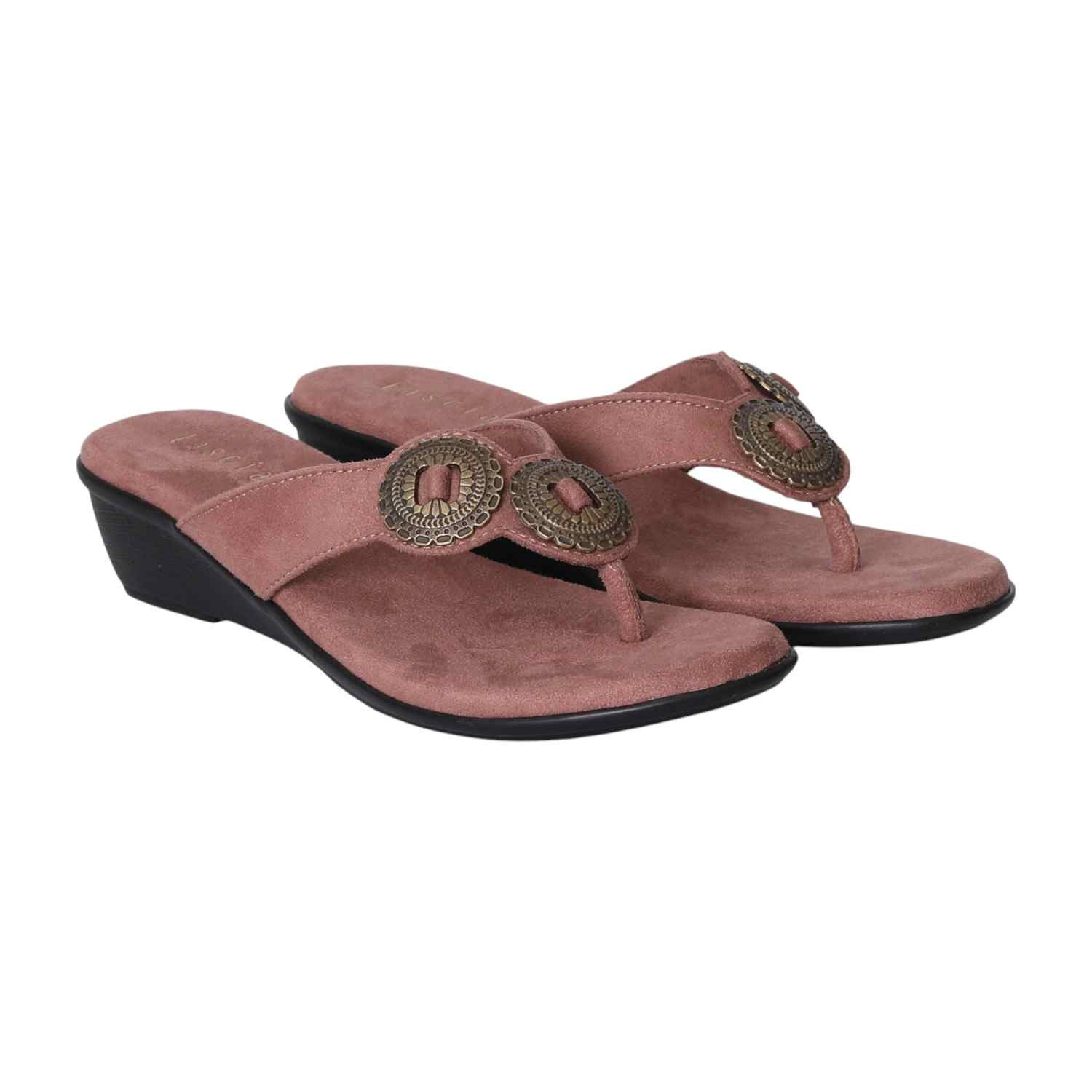 Women Peach Thong Wedges  with Metallic Emballishment