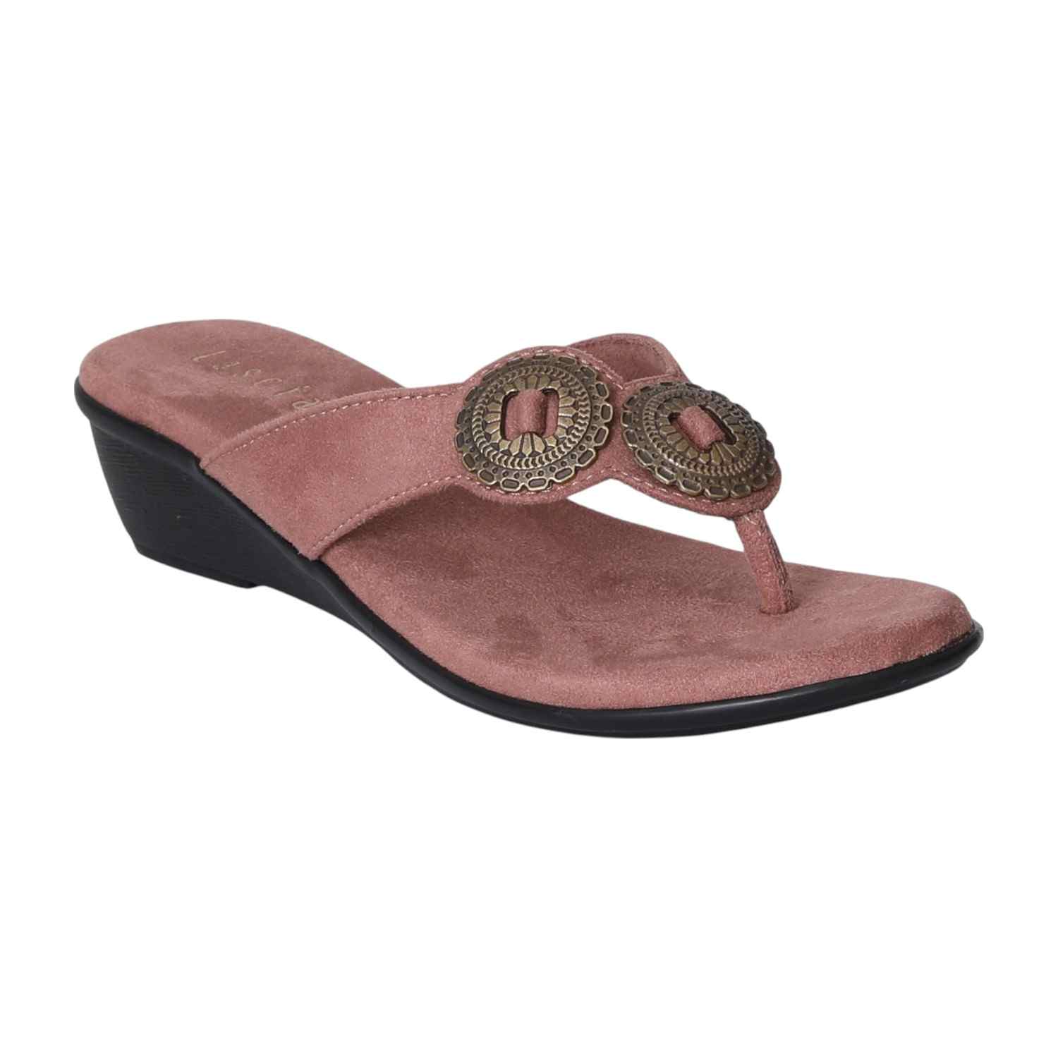 Women Peach Thong Wedges  with Metallic Emballishment