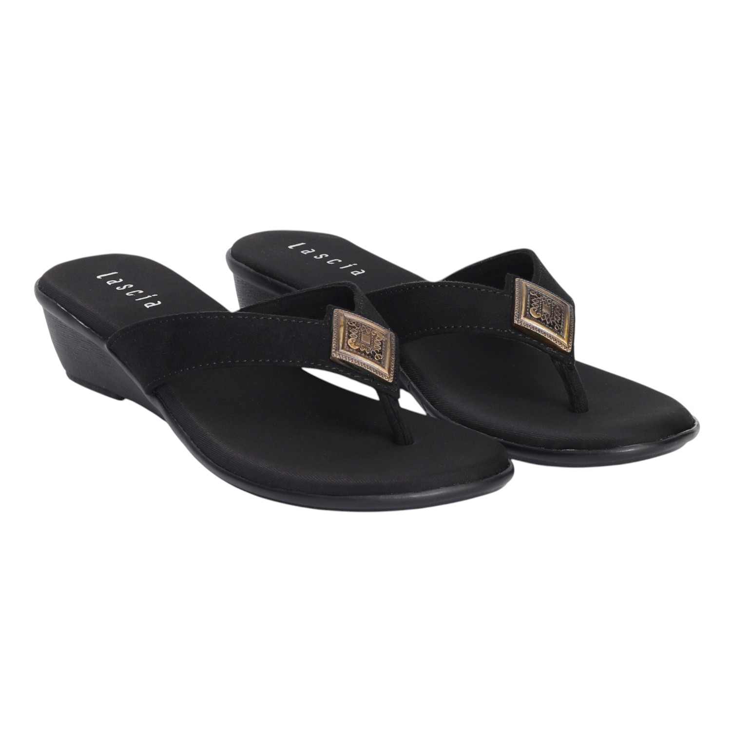 Women Black Luxe Wedge Sandals